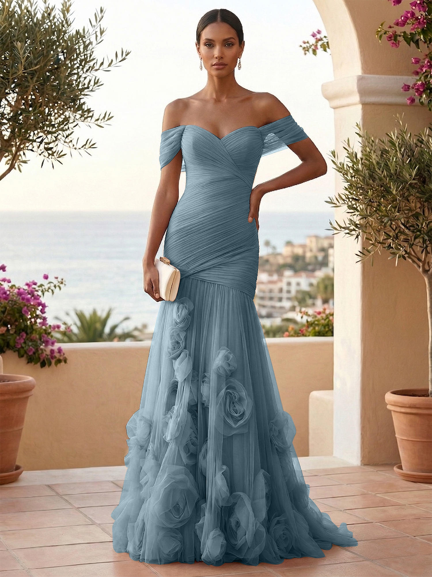 Sweetheart Tulle Off the Shoulder Pleat Mermaid Evening Dresses with 3D Flower