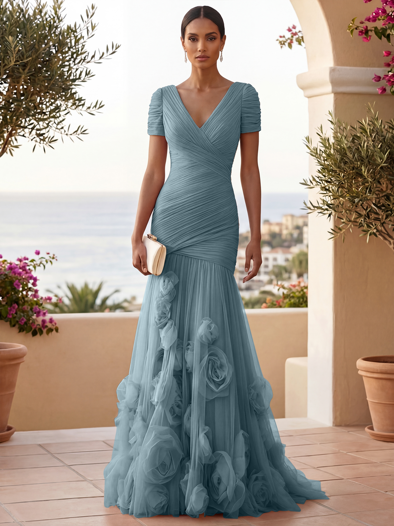 Sweetheart Tulle Short Sleeves Pleat Mermaid Evening Dresses with 3D Flower