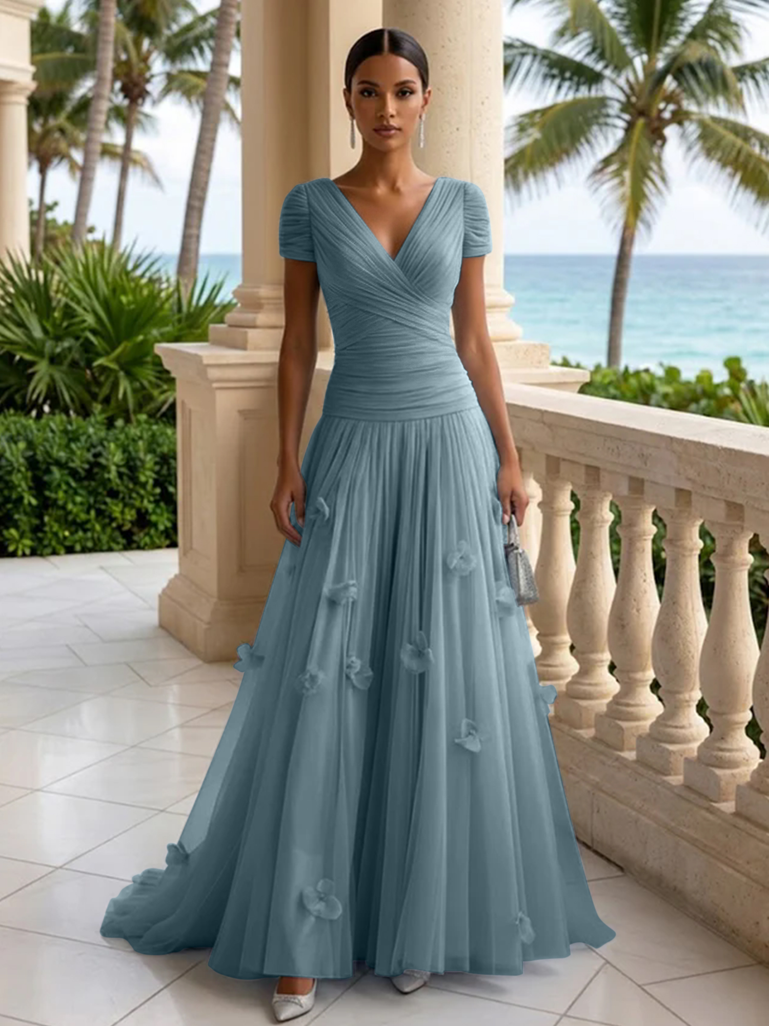 Elegant V-Neck Ruched Tulle A-Line Evening Gown with 3D Floral Appliqués
