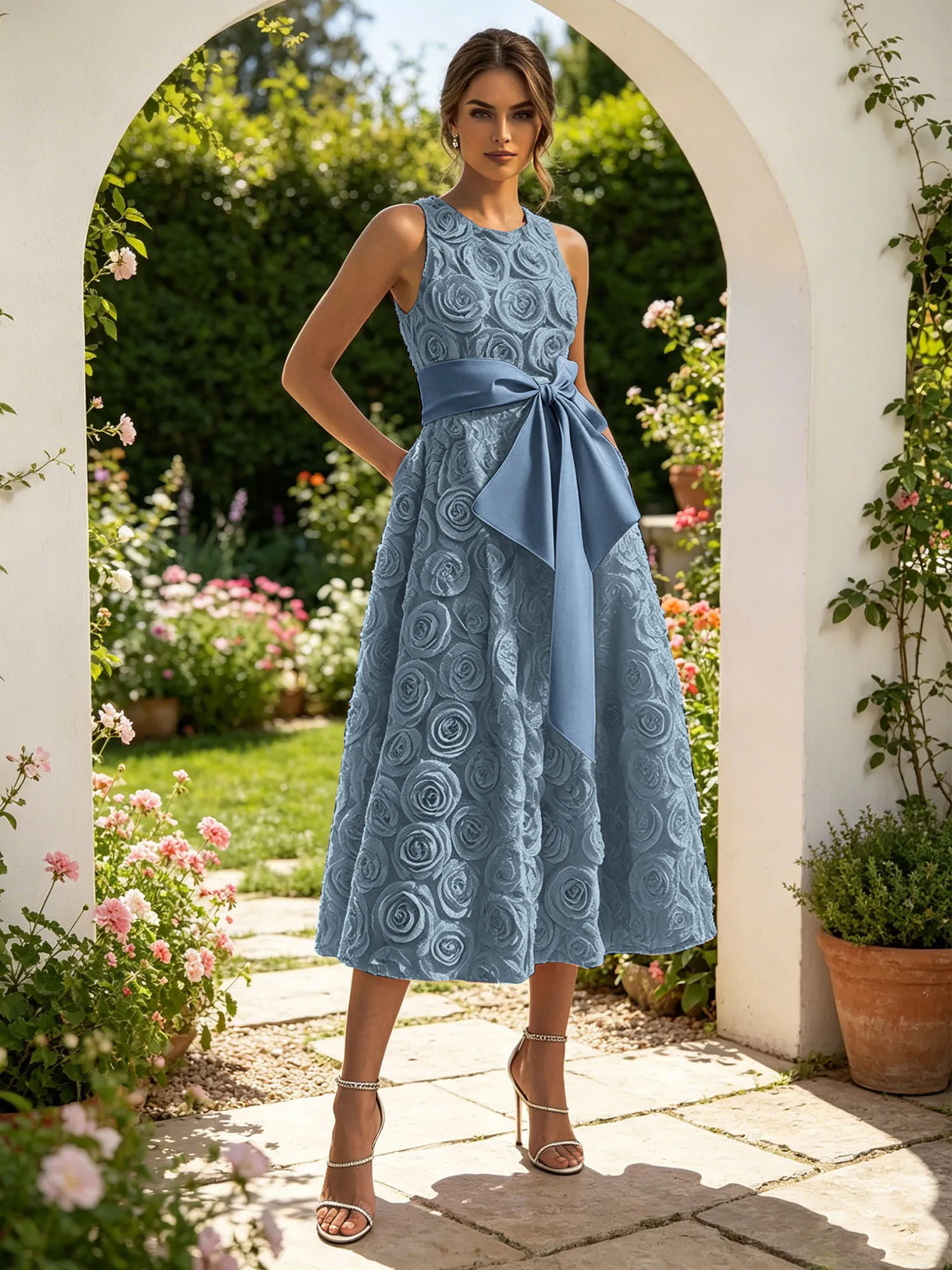 Sleeveless 3D Rose Midi Evening Dress with Satin Bow Sash