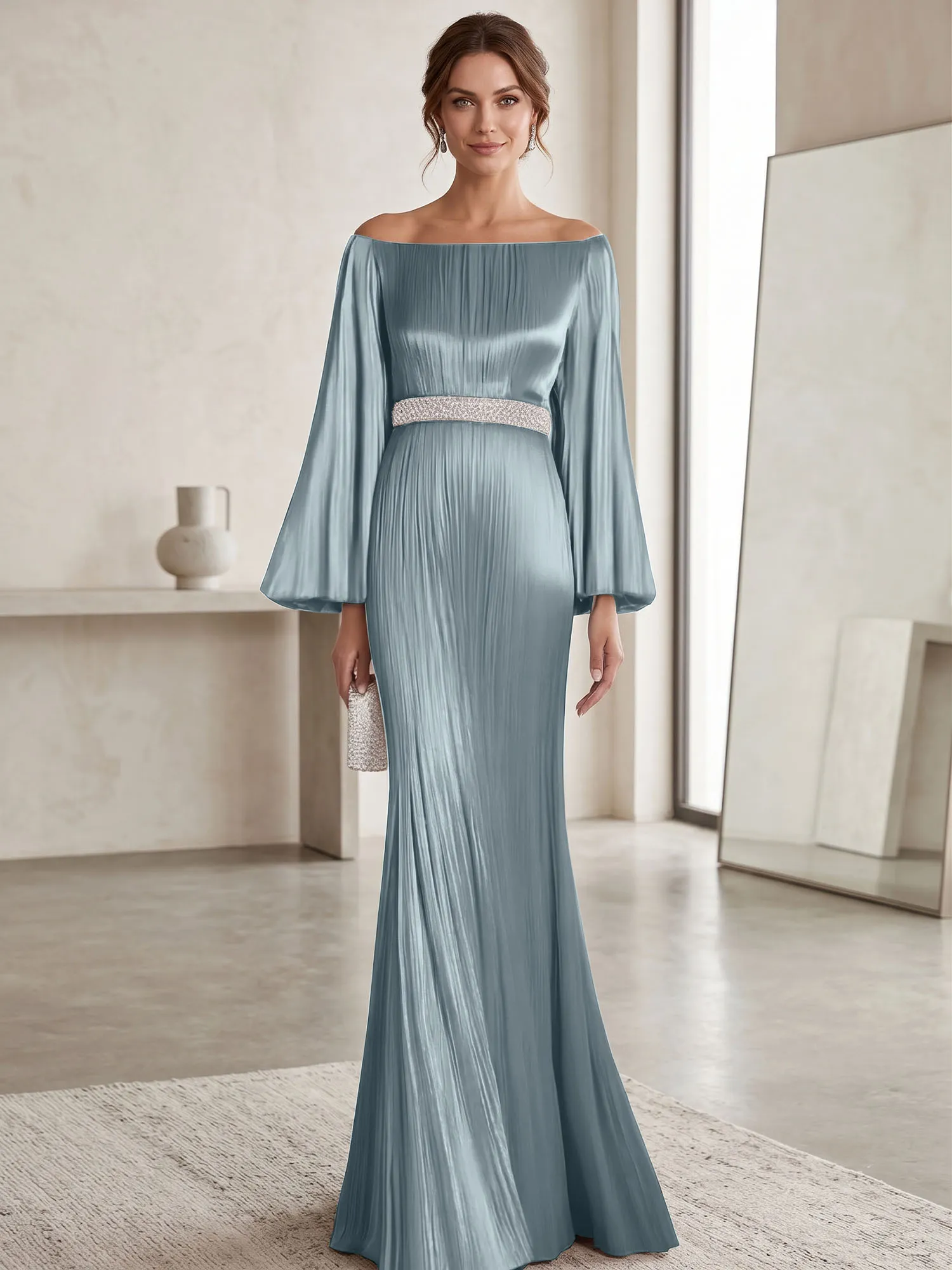 Off-the-Shoulder Pleated Satin Evening Gown with Beaded Waistband