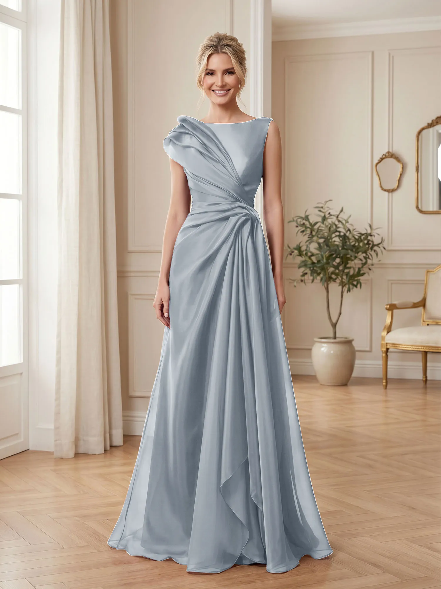 A Line Ruched Draped Tulle Evening Gown