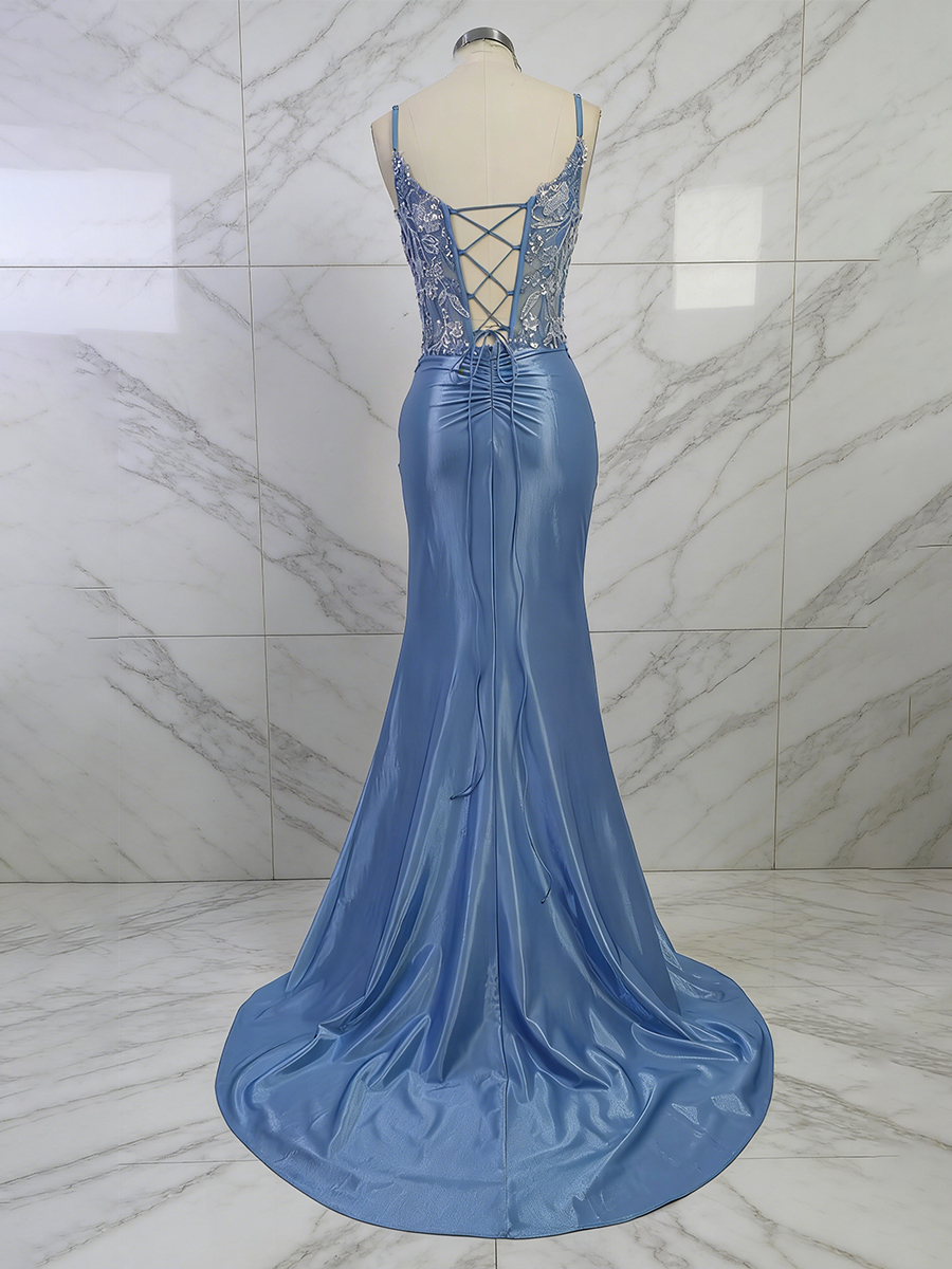 Dusty Blue Lace Appliqué Corset Satin Prom Dress with Slit