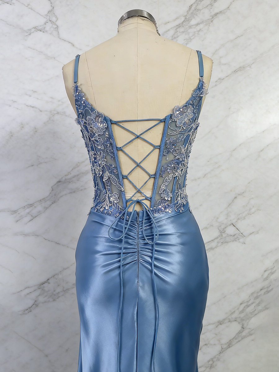 Dusty Blue Lace Appliqué Corset Satin Prom Dress with Slit