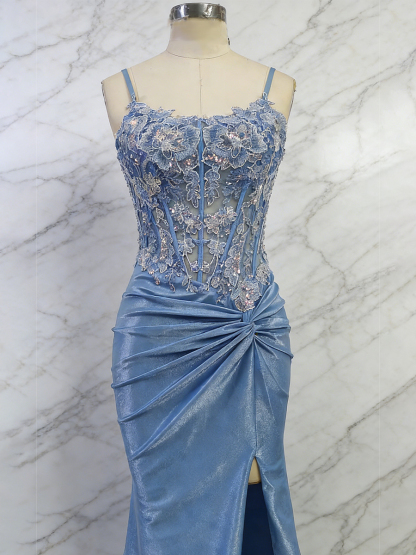 Dusty Blue Lace Appliqué Corset Satin Prom Dress with Slit