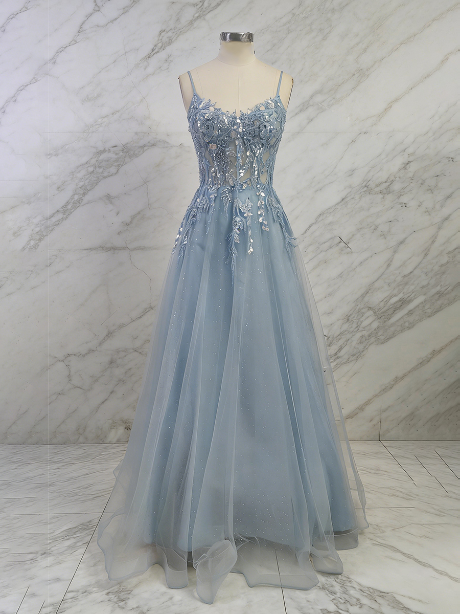 Dusty Blue Lace Appliqué Tulle A-Line Long Prom Dress