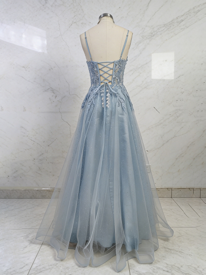 Dusty Blue Lace Appliqué Tulle A-Line Long Prom Dress