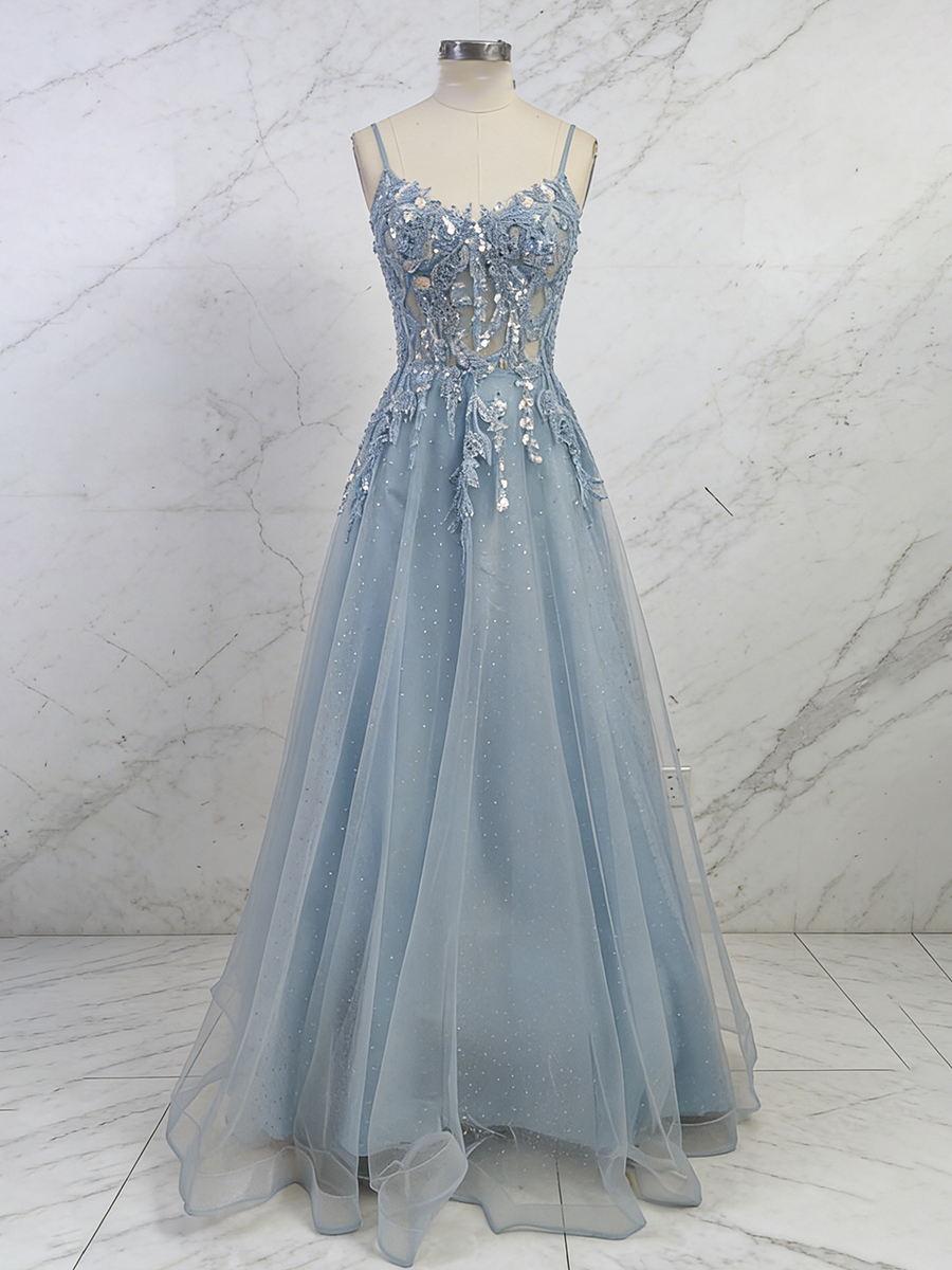 Dusty Blue Lace Appliqué Tulle A-Line Long Prom Dress