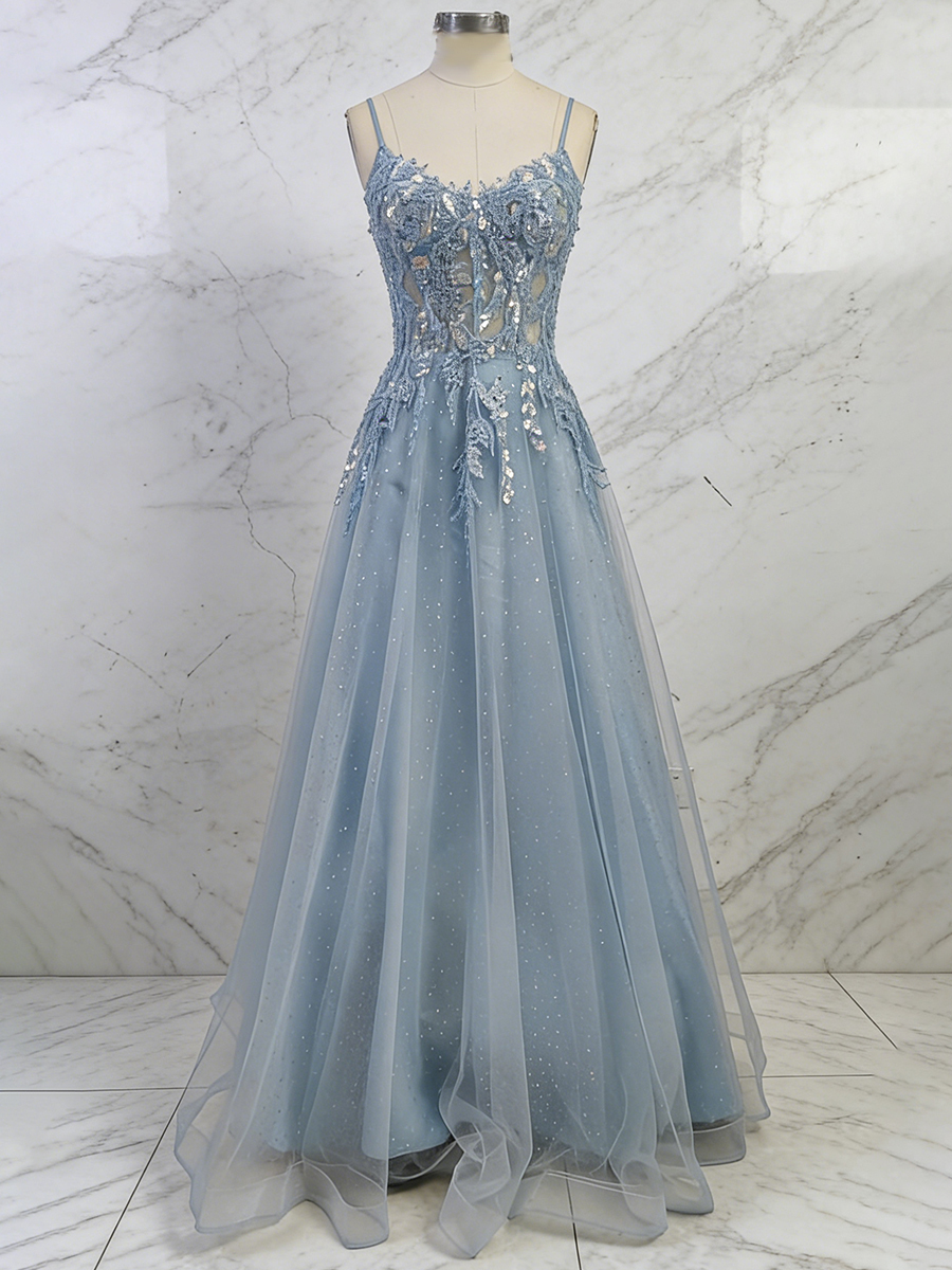 Dusty Blue Lace Appliqué Tulle A-Line Long Prom Dress