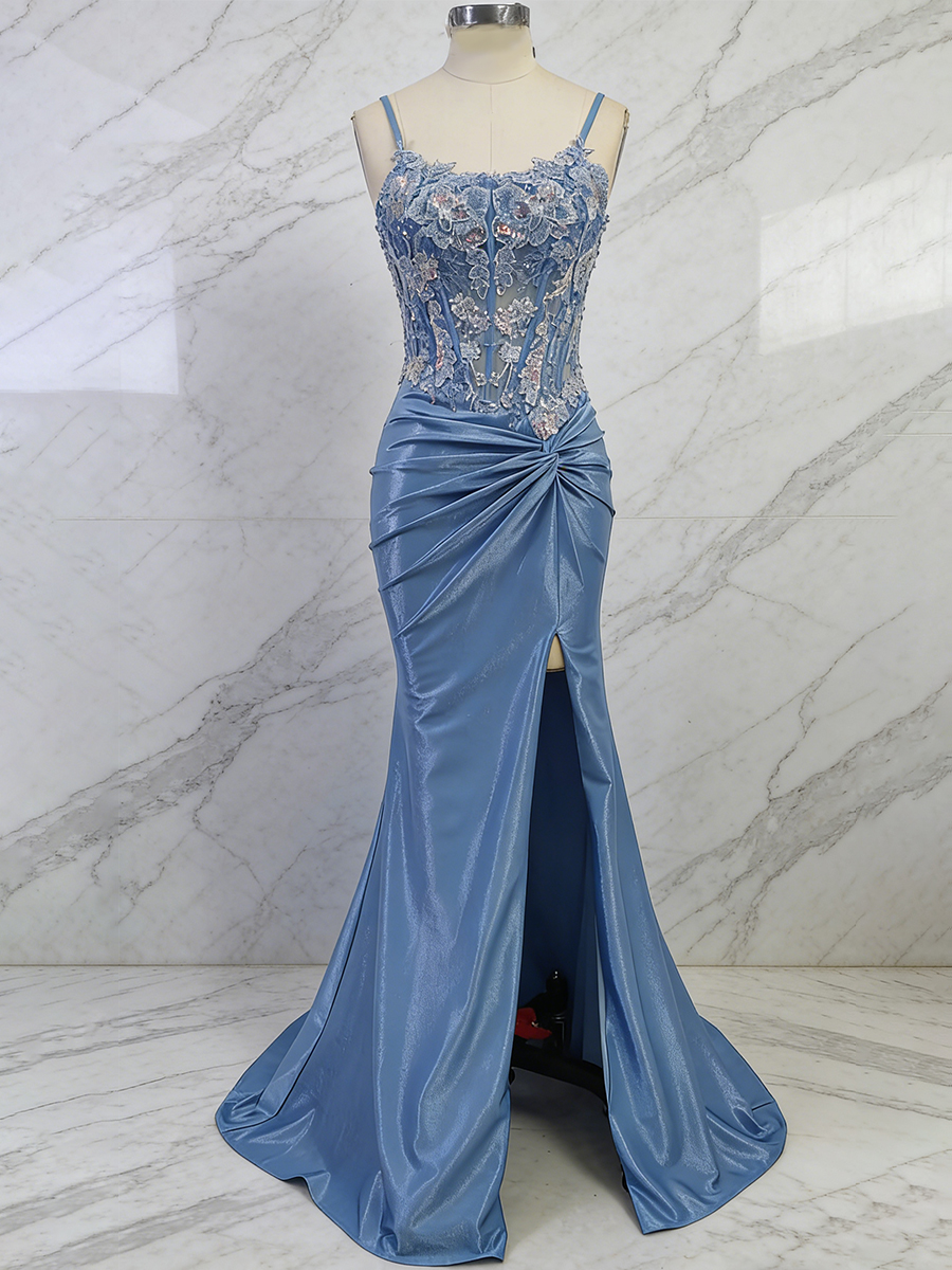 Dusty Blue Lace Appliqué Corset Satin Prom Dress with Slit
