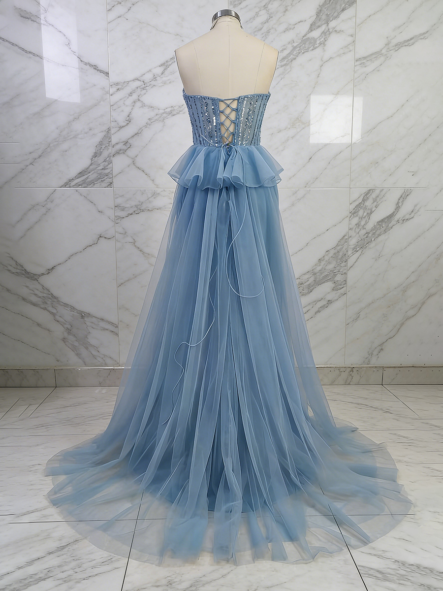 Dusty Blue Strapless Sweetheart Art Deco Beaded Corset Prom Dress