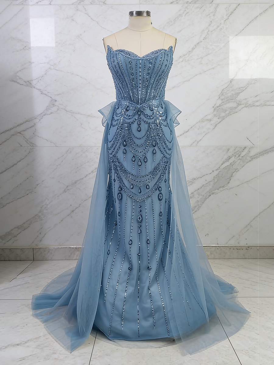 Dusty Blue Strapless Sweetheart Art Deco Beaded Corset Prom Dress