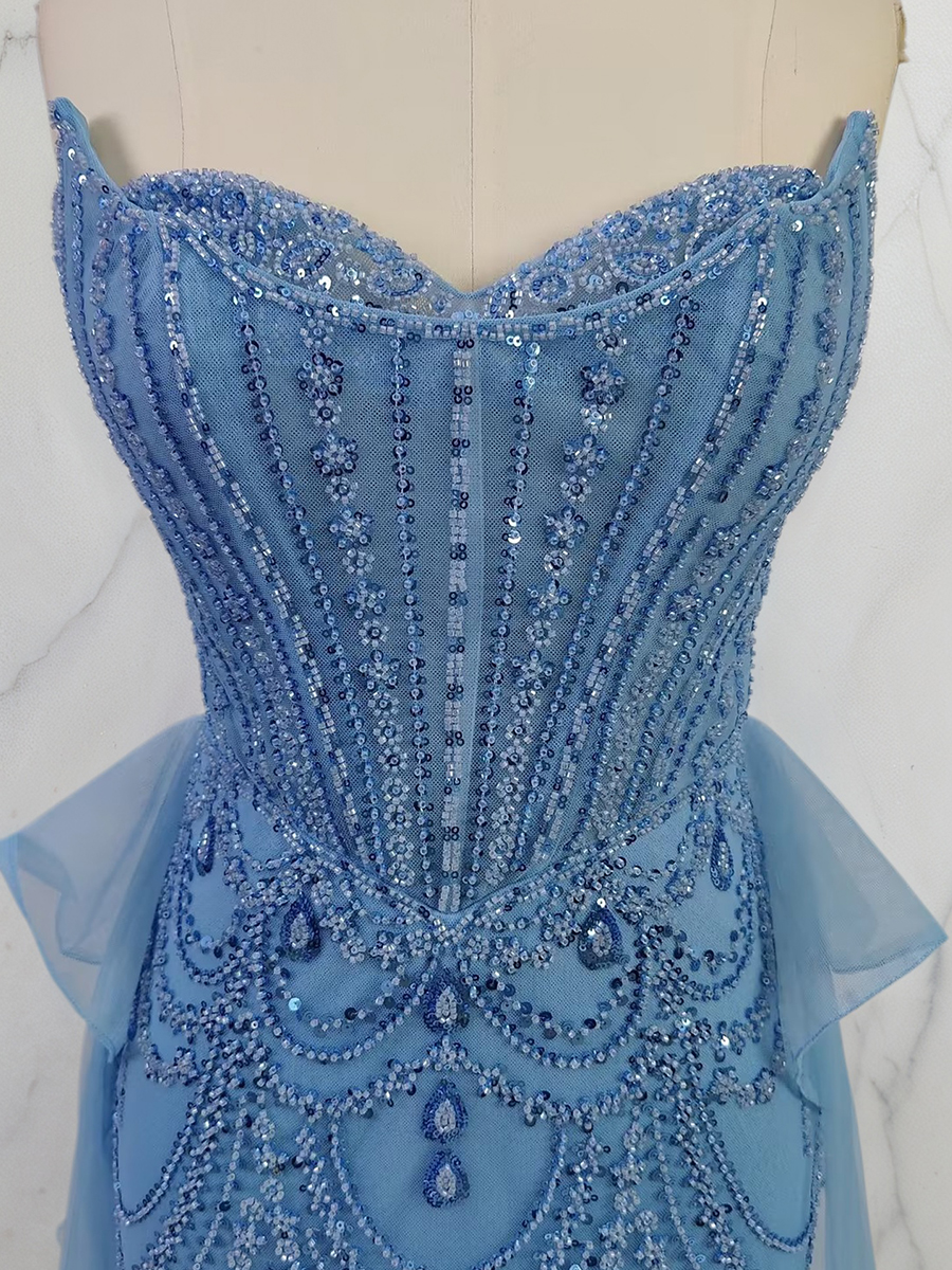 Dusty Blue Strapless Sweetheart Art Deco Beaded Corset Prom Dress