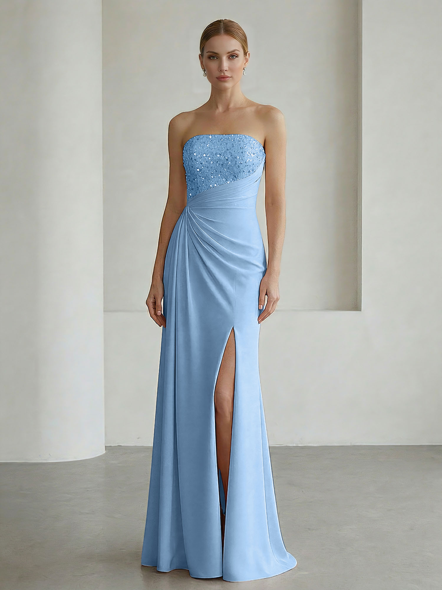 Glamorous Formal Evening Dress Soft Blush Beaded Strapless Slit Gown