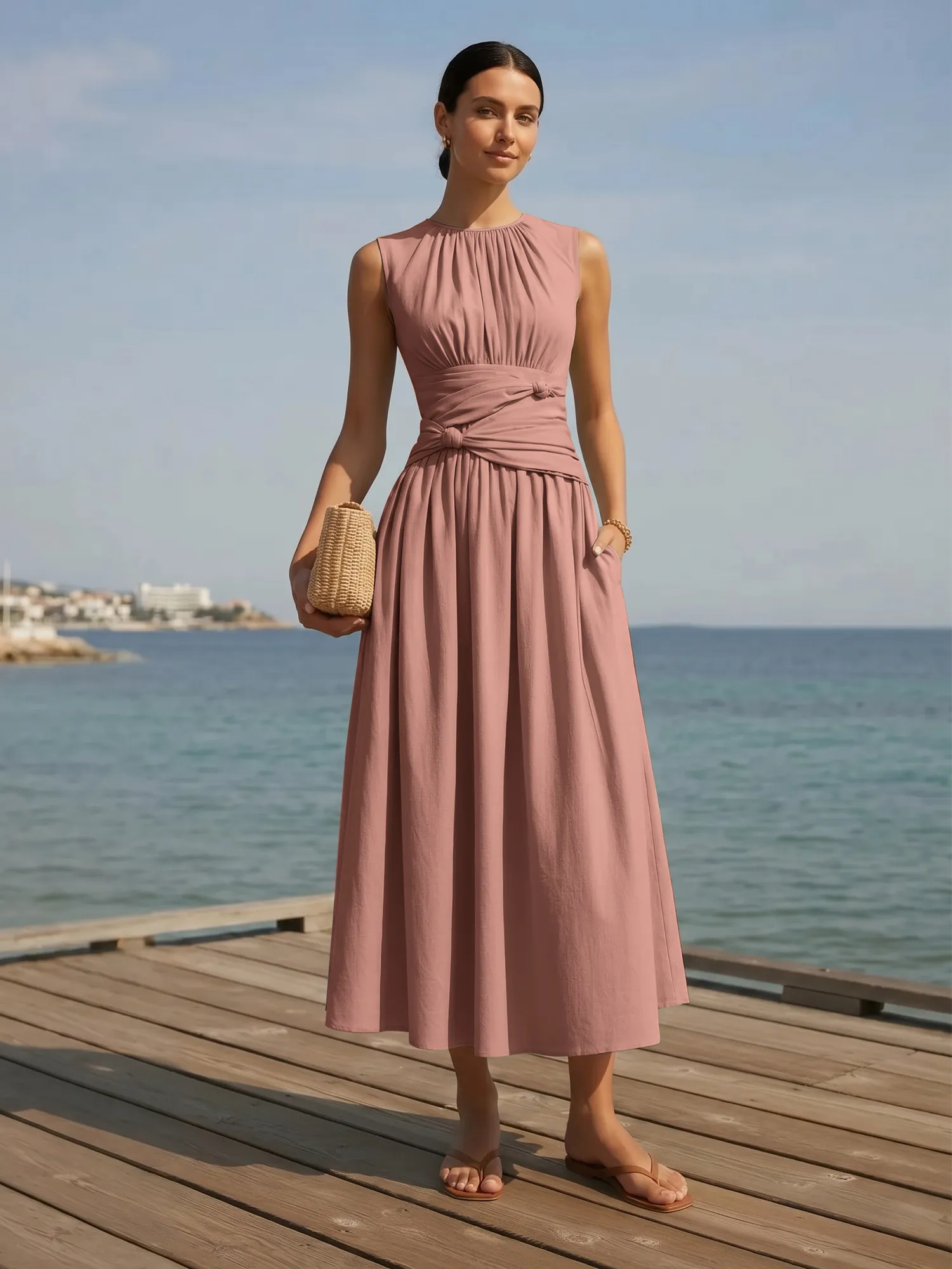 Sleeveless Round Neck Waist-Knot Midi Evening Dress