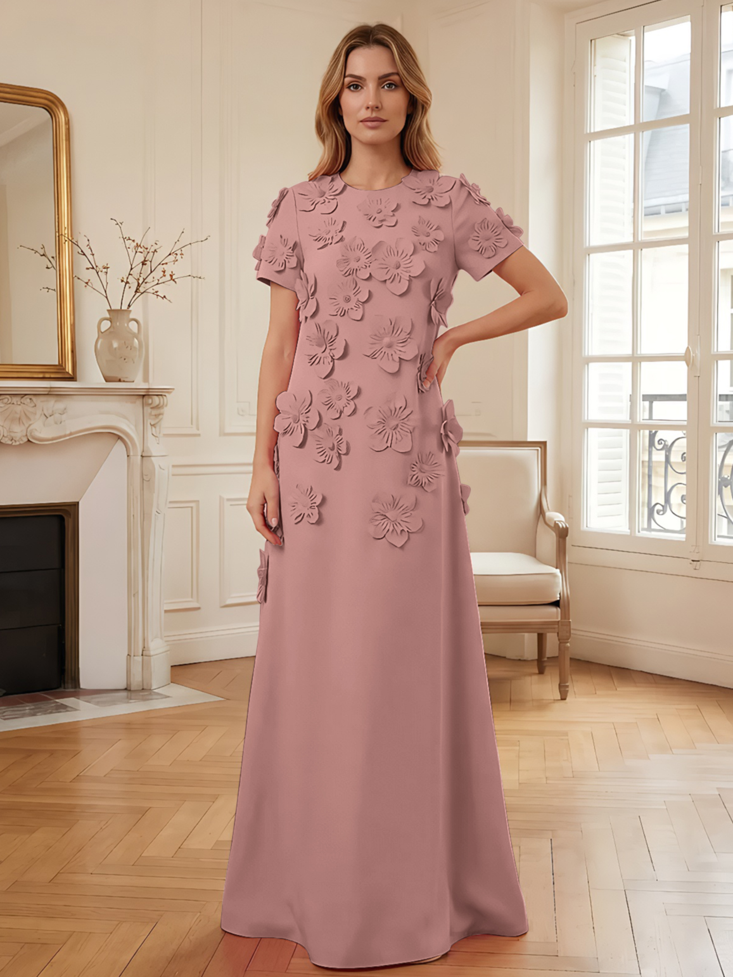 3D Floral Applique Short-Sleeve Column Evening Gown
