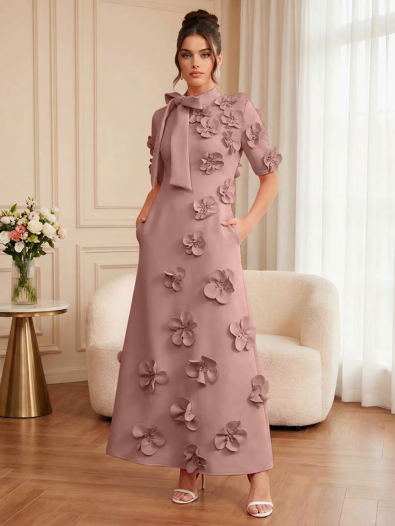 Pink Short Sleeve 3D Floral Maxi Dress Gown