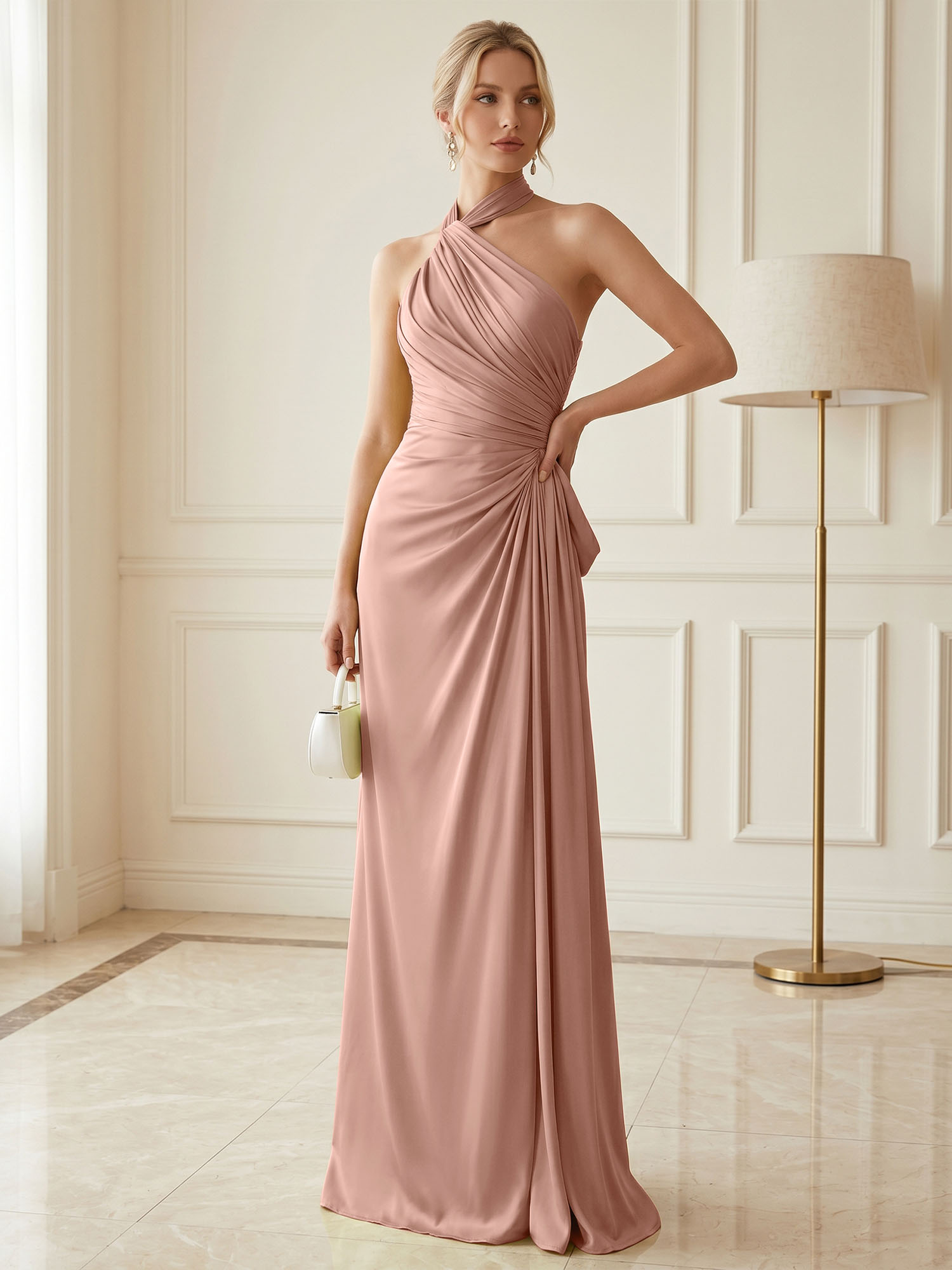 Chartreuse Glow Ruched Halter Satin Evening Dress