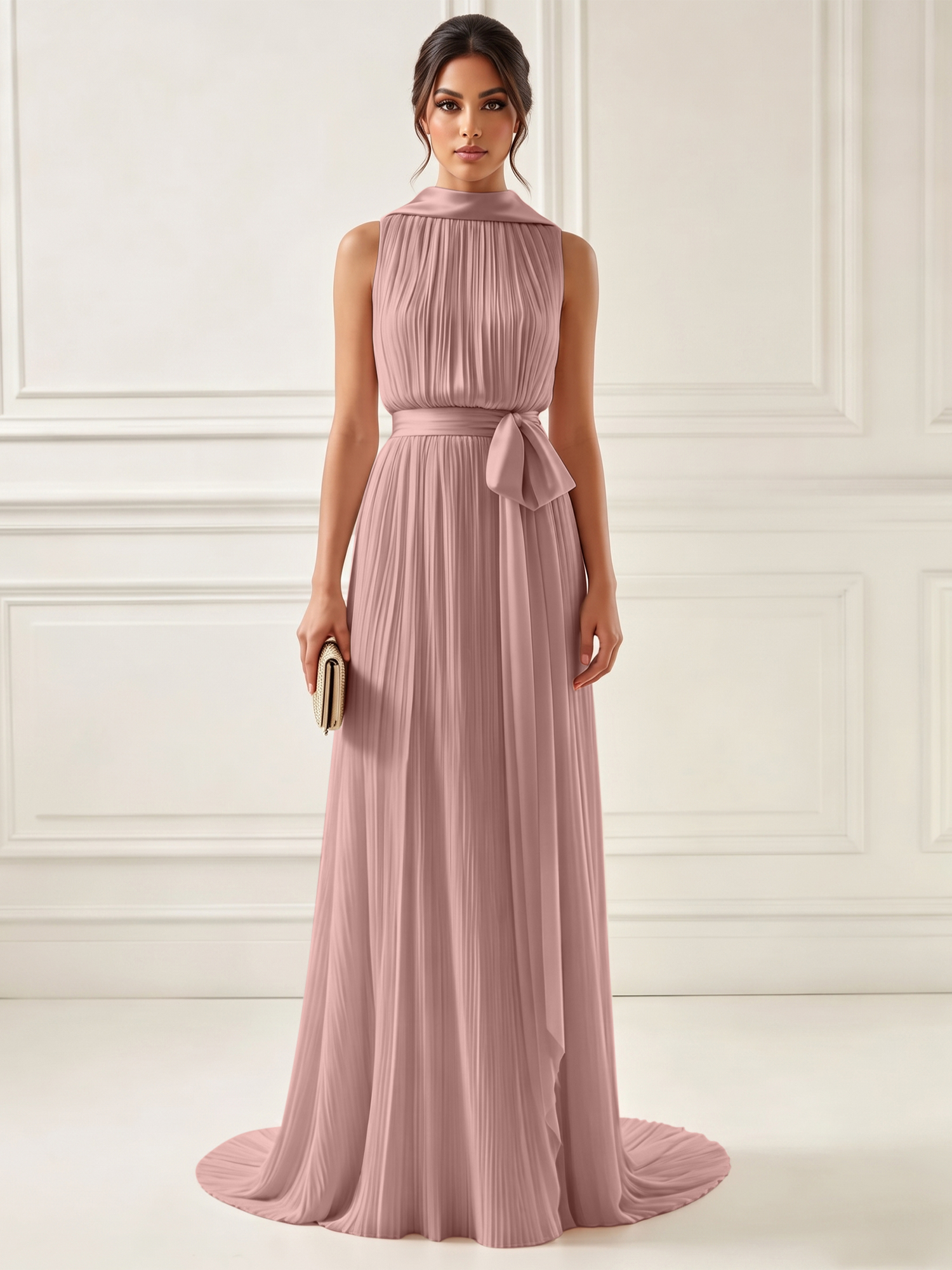 Ethereal Pleated Pastel Pink High Neck Maxi Formal Evening Dress with Satin Sash