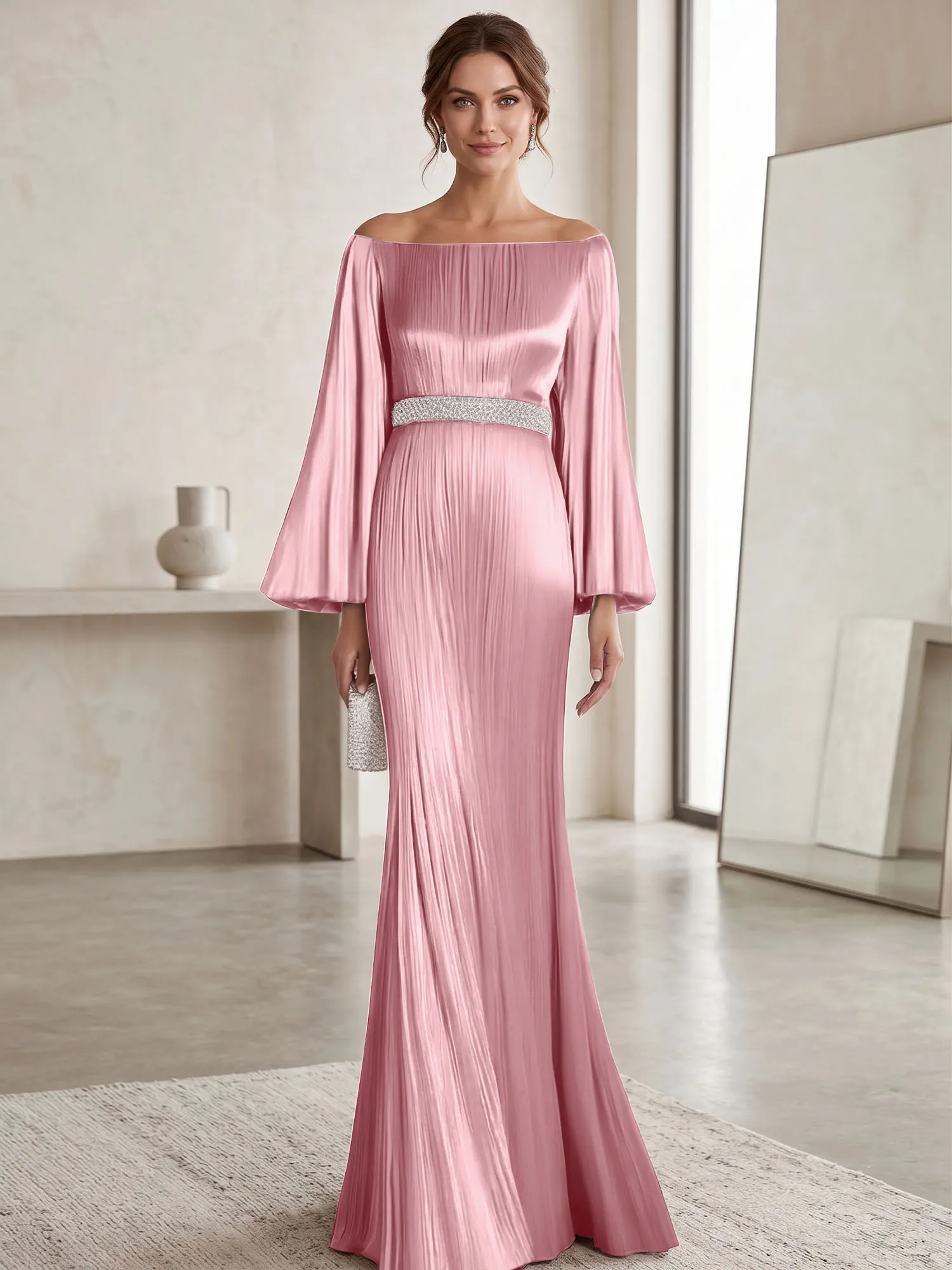 Off-the-Shoulder Pleated Satin Evening Gown with Beaded Waistband