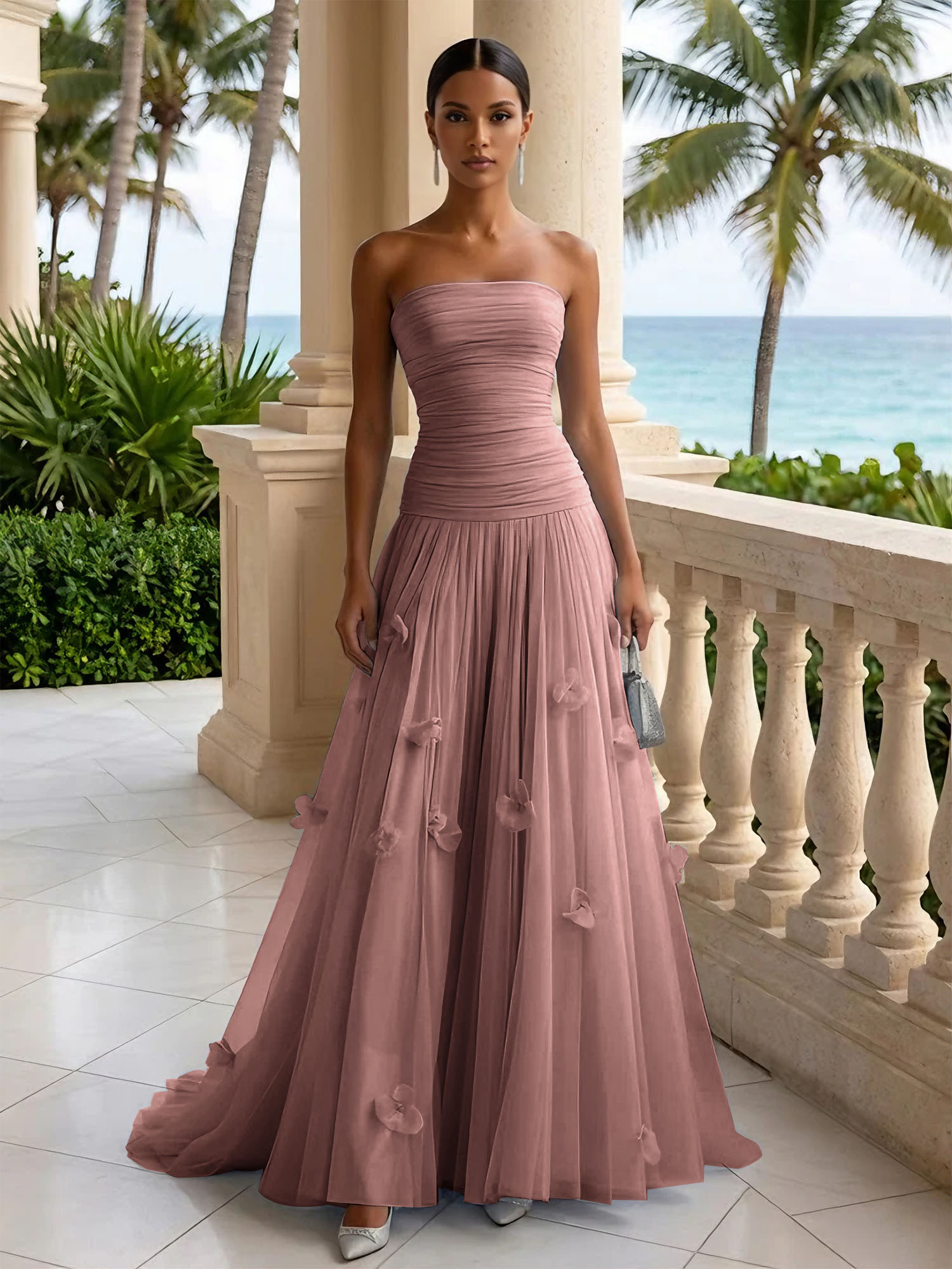 Light Blue Evening Dress with 3D Flower Strapless Pleat Maxi Dress