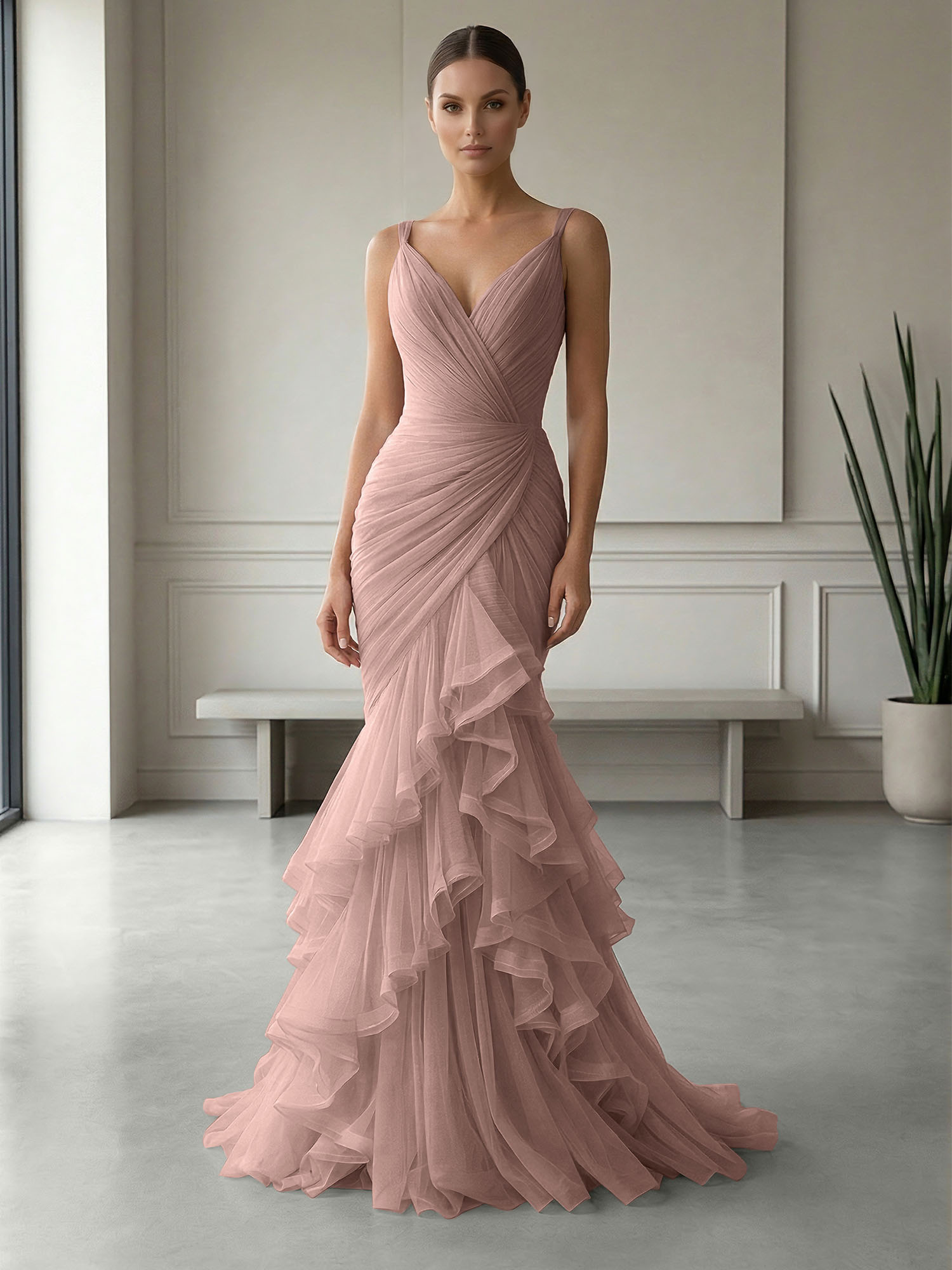 Mauve Folds Tulle Strapless Sleeveless Mermaid Gown Dress