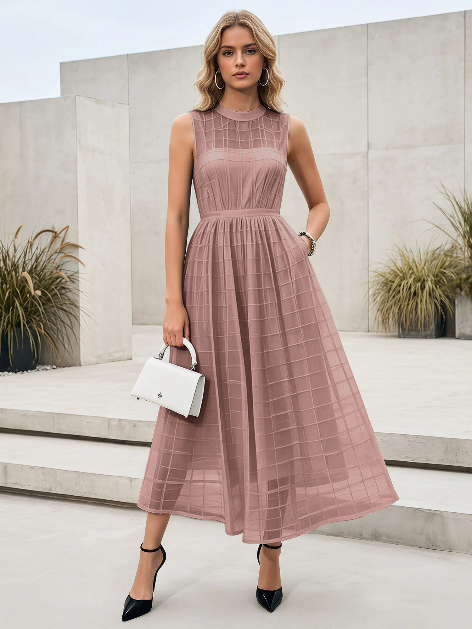 Sleeveless Grid Mesh A-Line Midi Evening Dress
