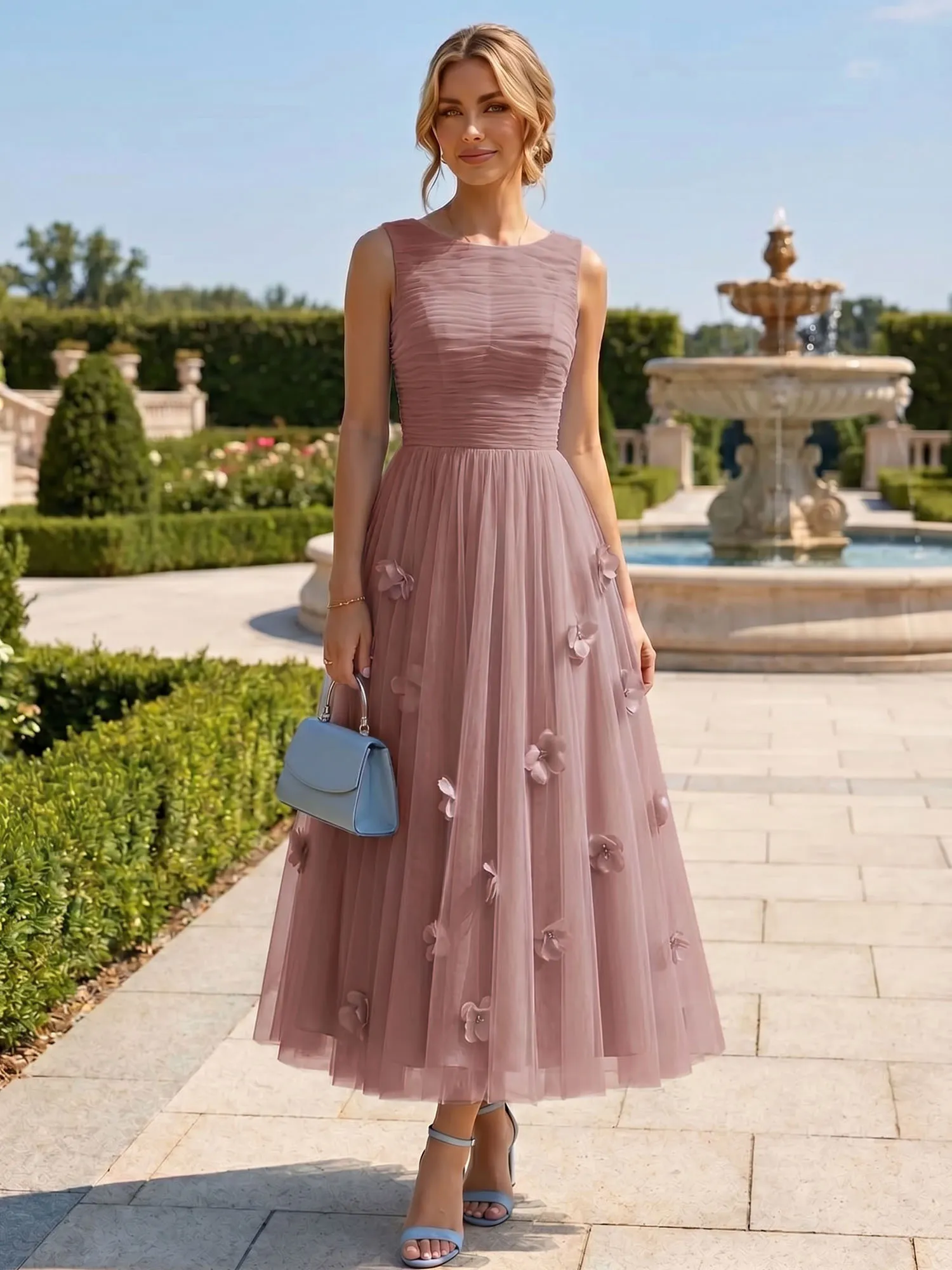 A Line Sleeveless Tulle Midi Dress with 3D Floral Appliqués
