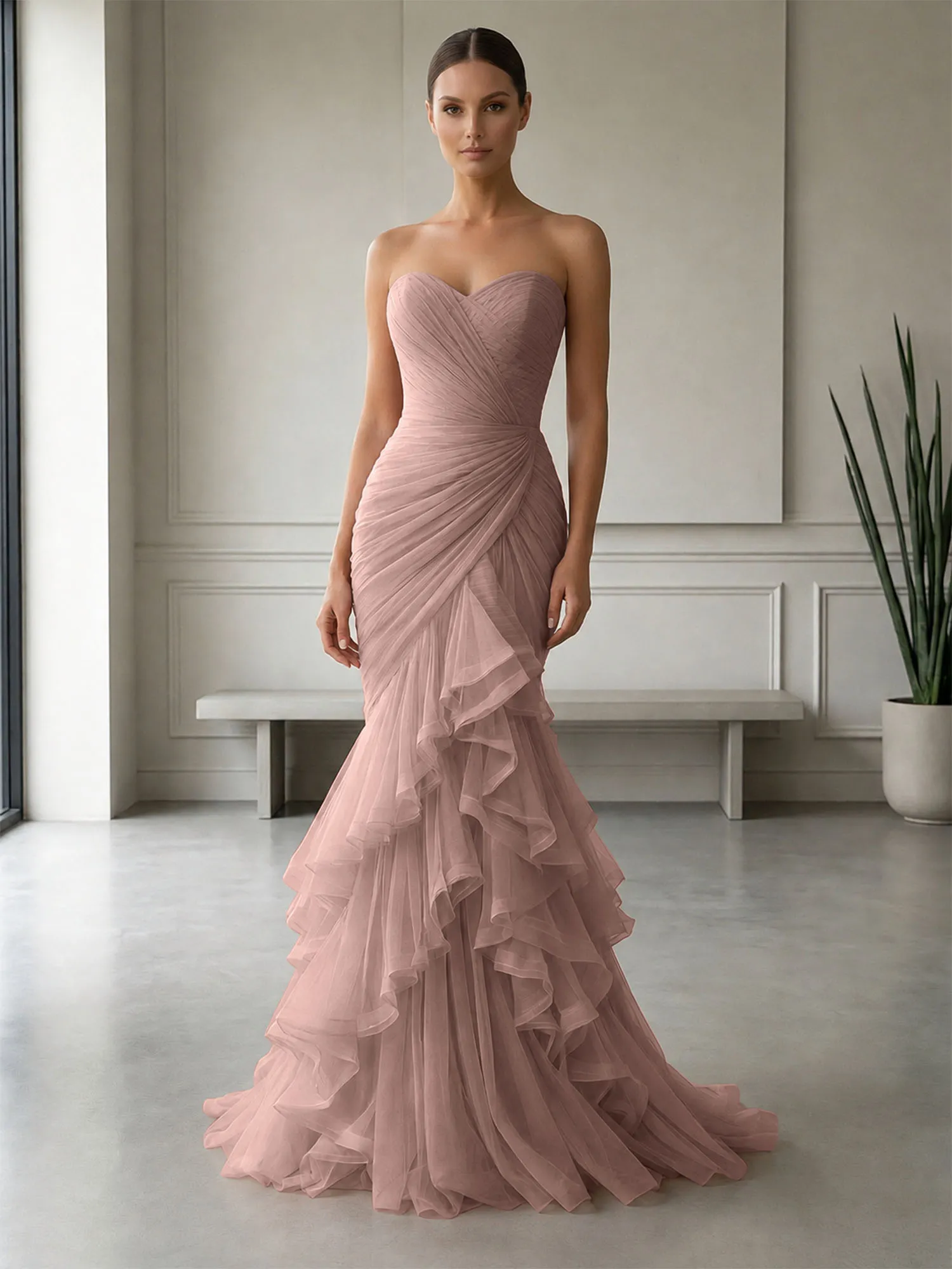 Strapless Ruched Tulle Mermaid Evening Gown Maxi Dress