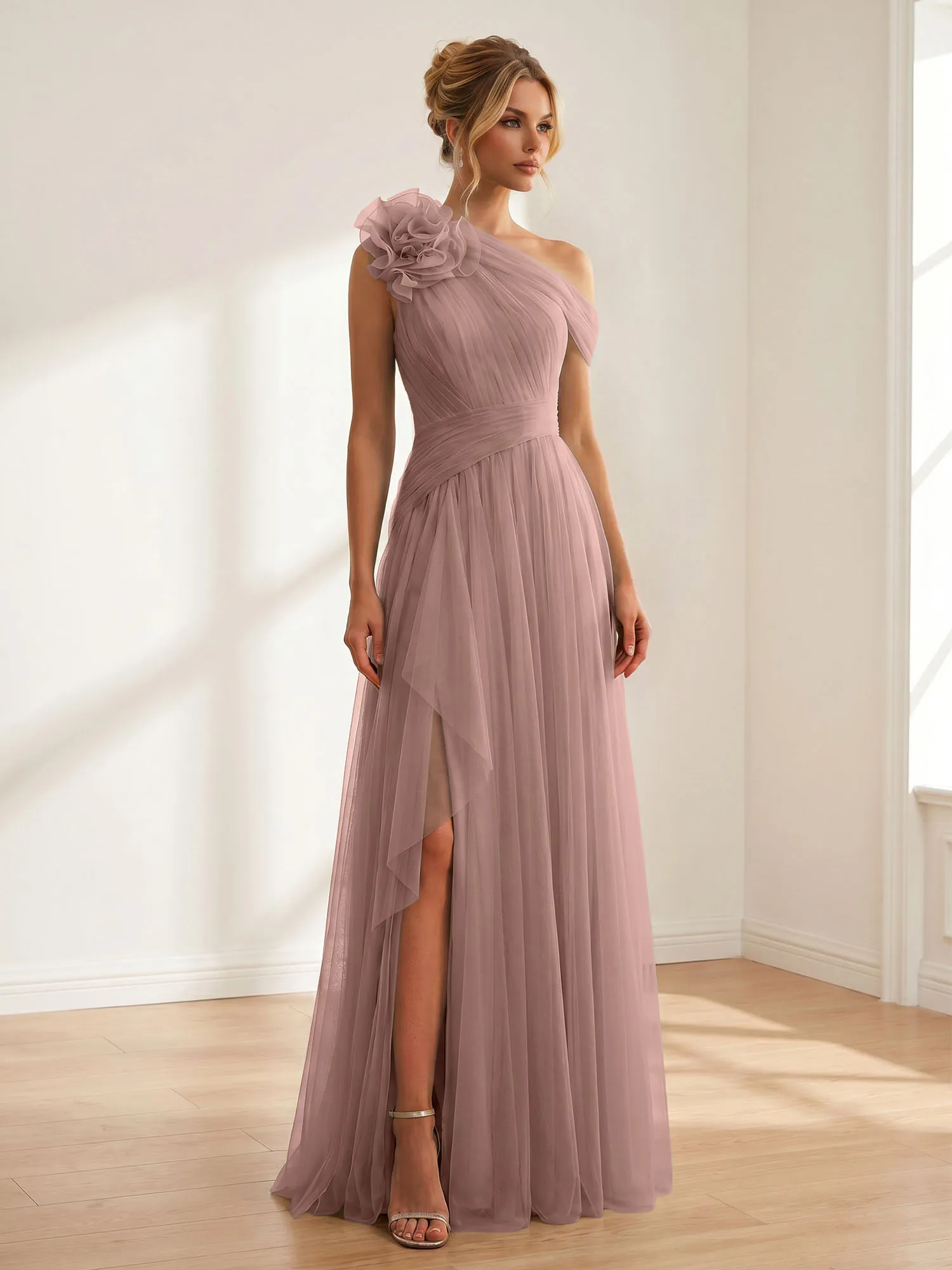 One-Shoulder Tulle Evening Gown with Floral Accent