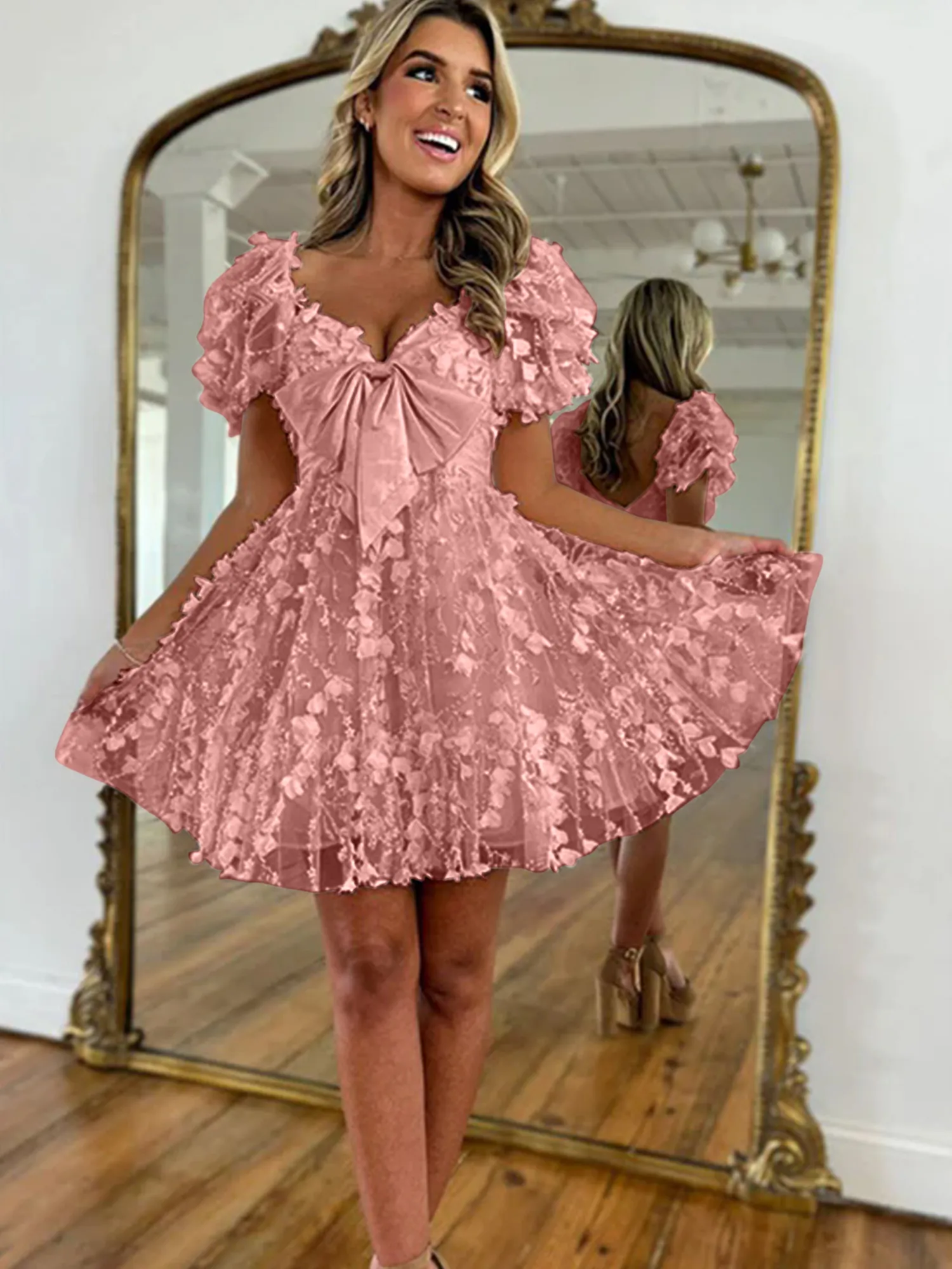 A Line Puff Sleeve 3D Floral Bow Homecoming Mini Dress