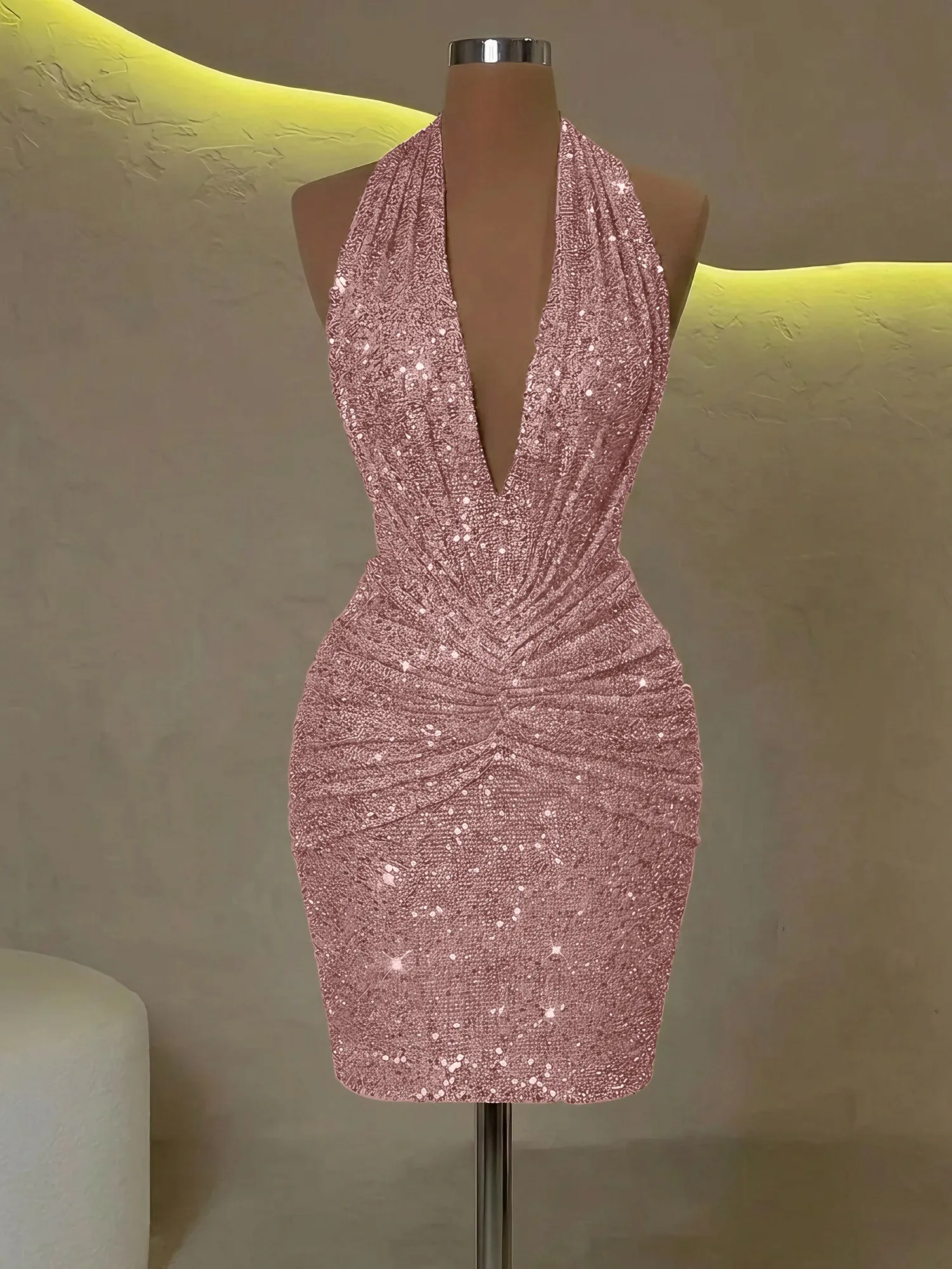 Sequin Halter Deep V-Neck Bodycon Homecoming Dress Mini Dress