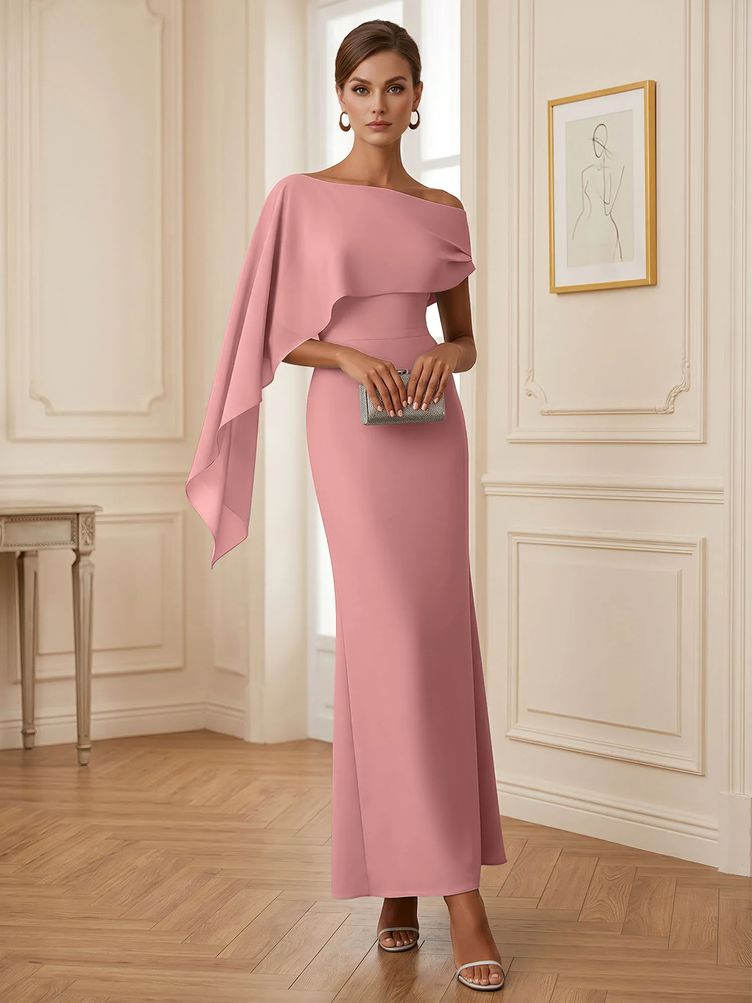 One-Shoulder Chiffon Overlay Mermaid Evening Gown