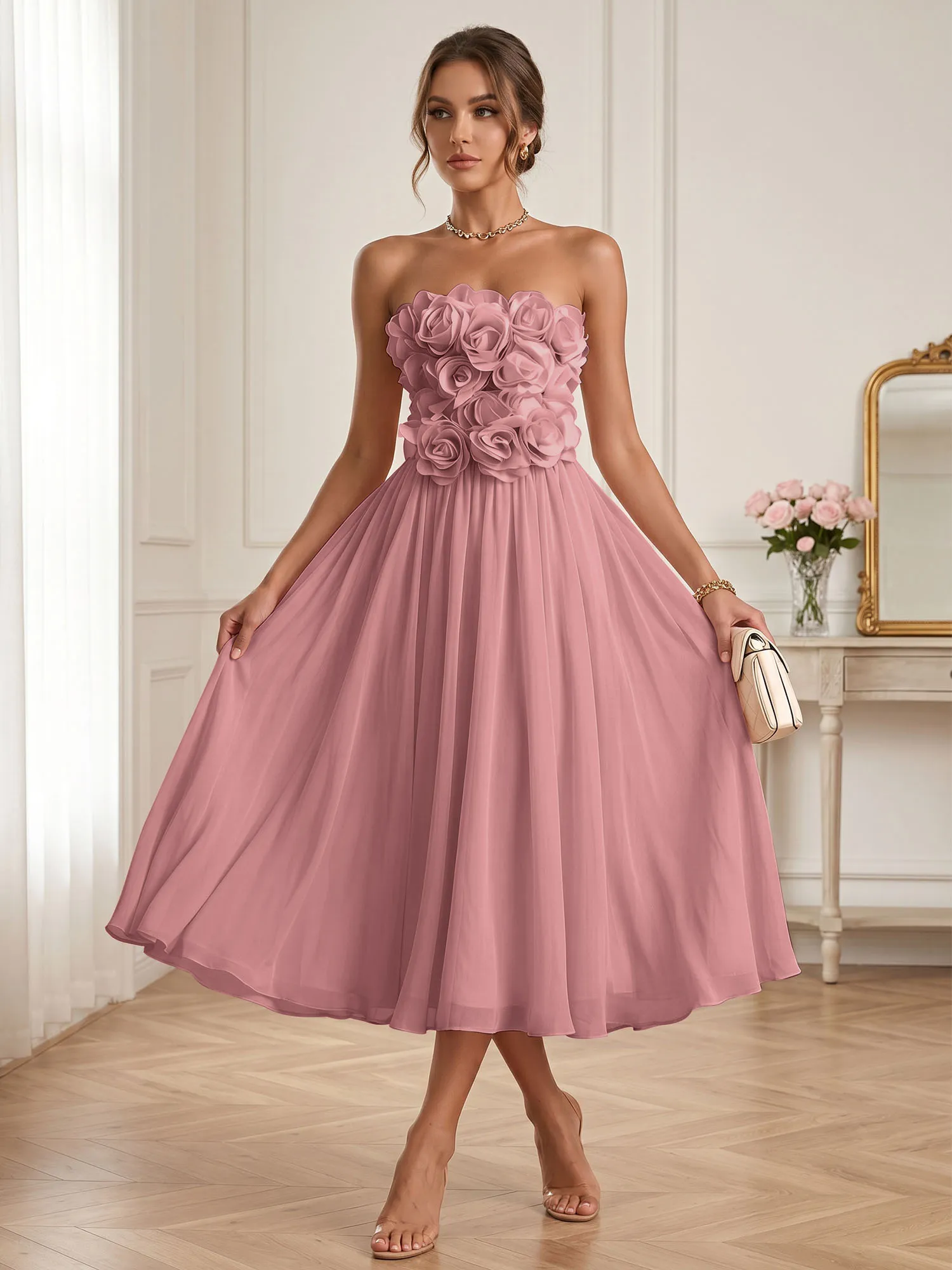 Strapless 3D Floral Chiffon A-Line Midi Formal Dress