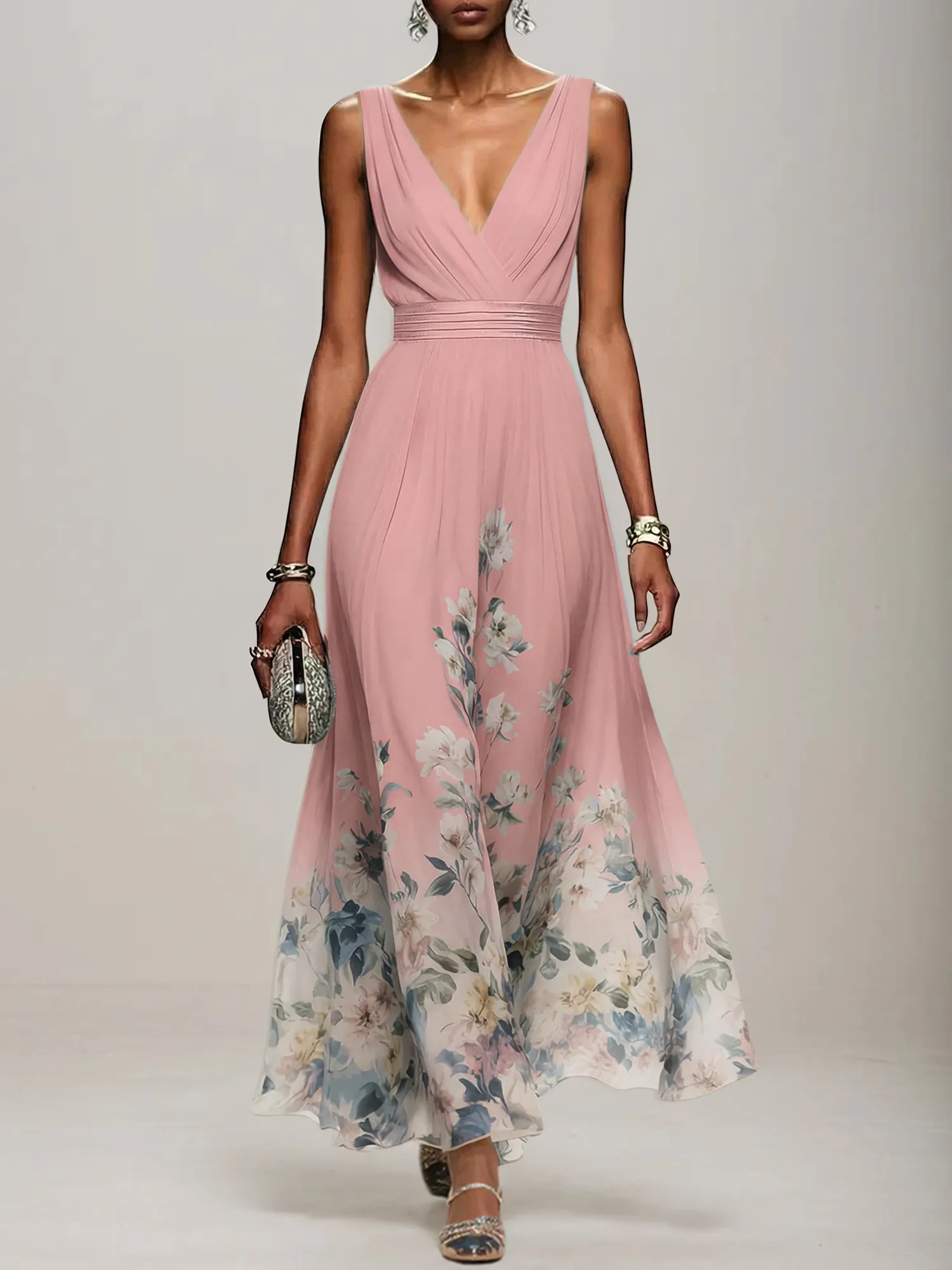 V-Neck Floral Print Chiffon Maxi Evening Dress with Satin Waist Bow
