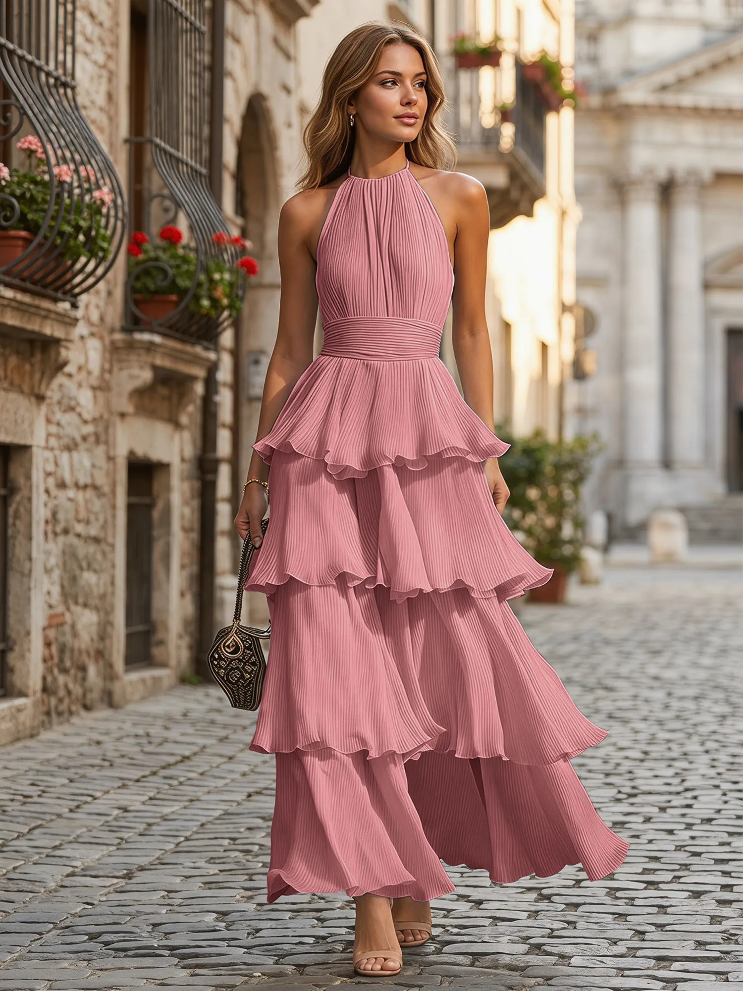 A Line Halter Neck Tiered Ruffle Chiffon Evening Dress