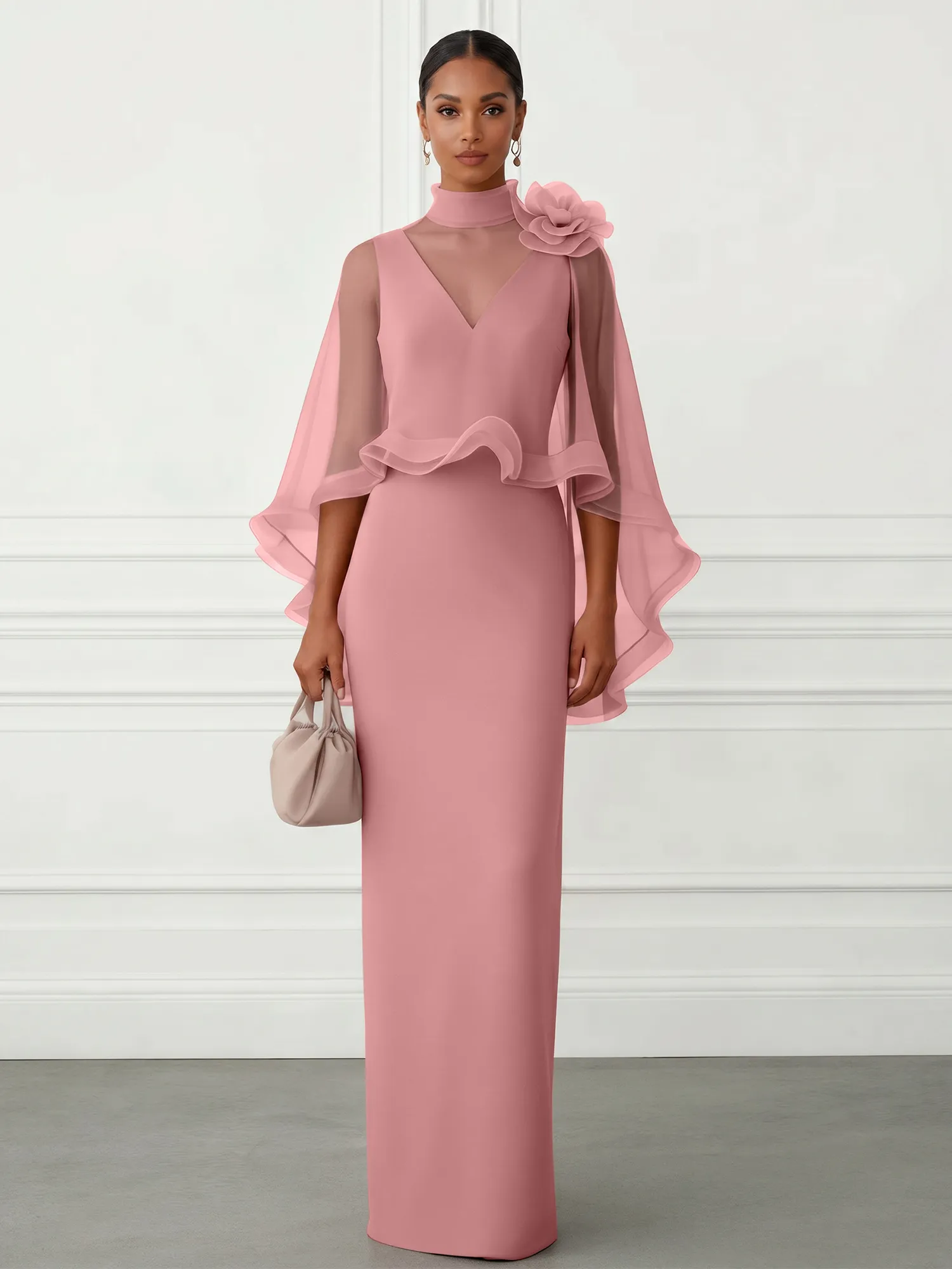 High-Neck Chiffon Cape Sleeve Sheath Evening Gown