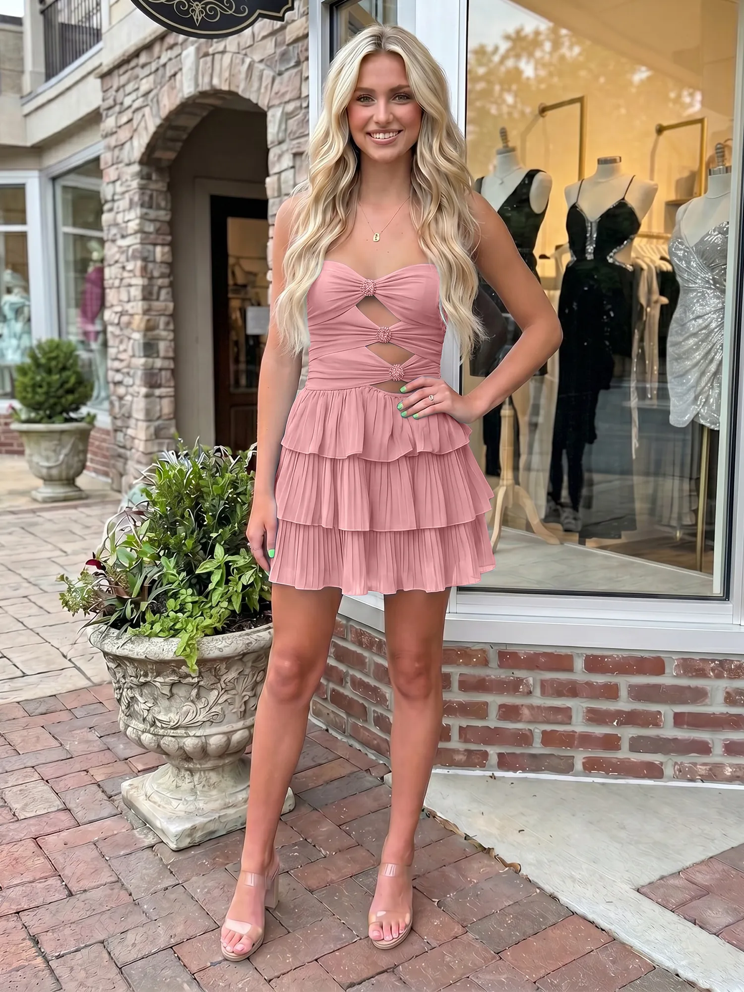 A Line Strapless Cutout Tiered Chiffon Homecoming Dress