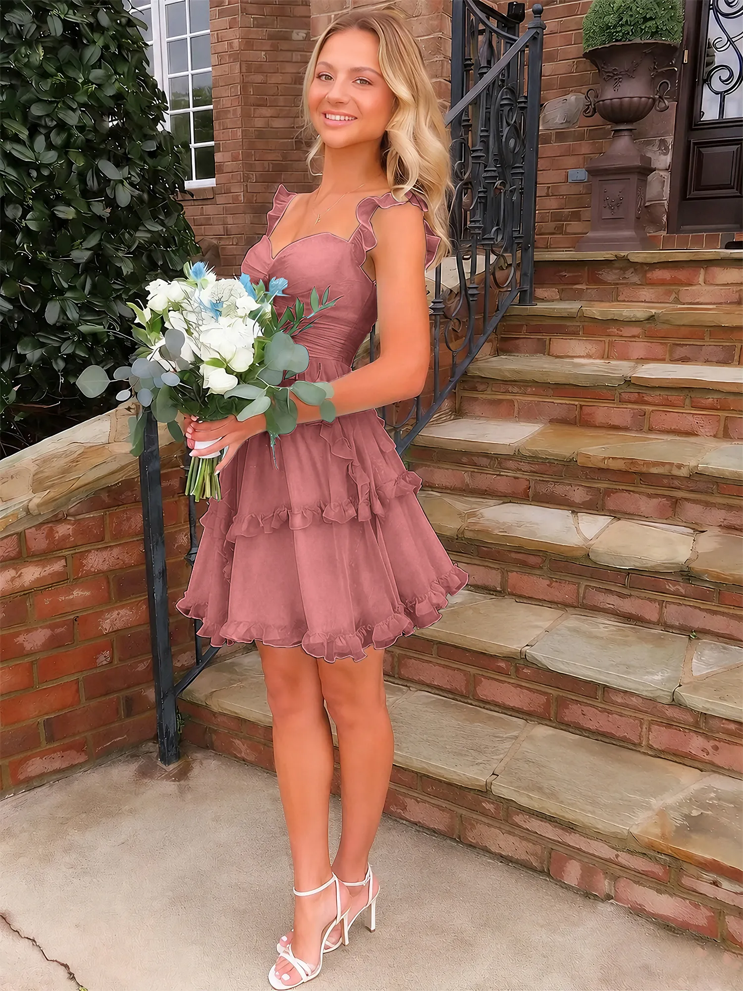 A Line Ruffled Tiered Chiffon Homecoming Dress with Lace-Up Back