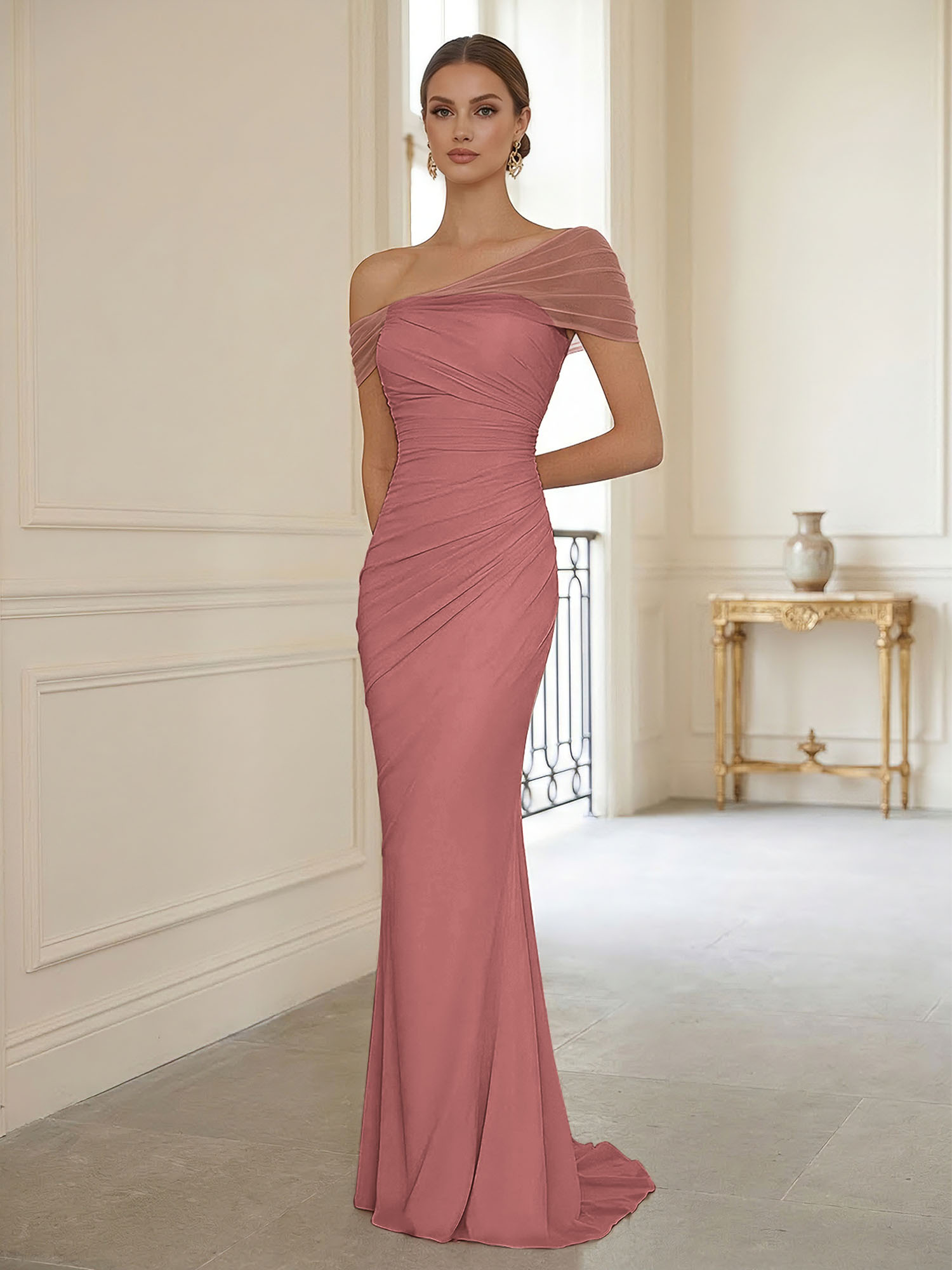 Sophisticated Blush Pink Asymmetrical Ruched Maxi Dress Evening Gown