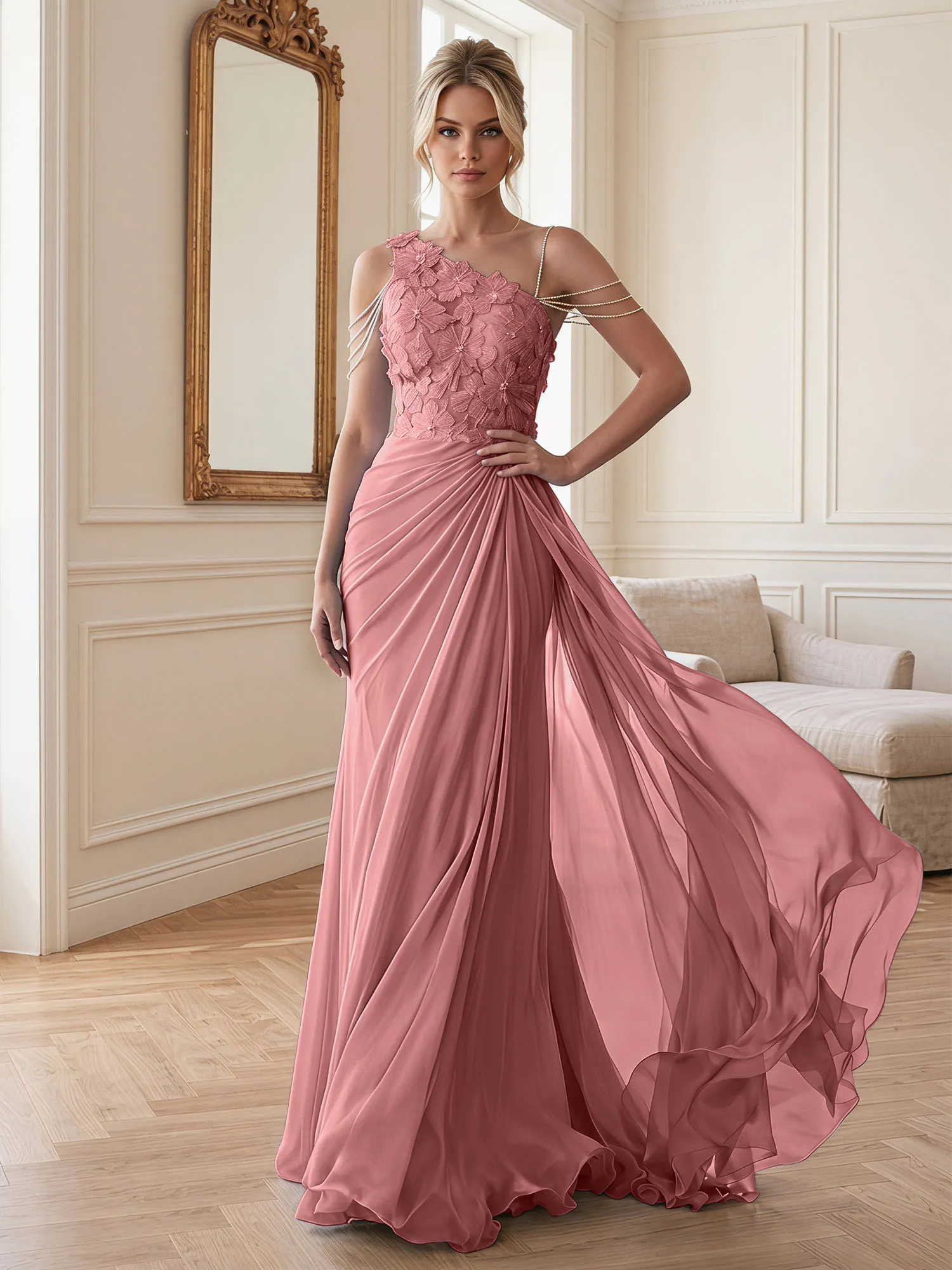 One-Shoulder Floral Lace Chiffon Evening Gown