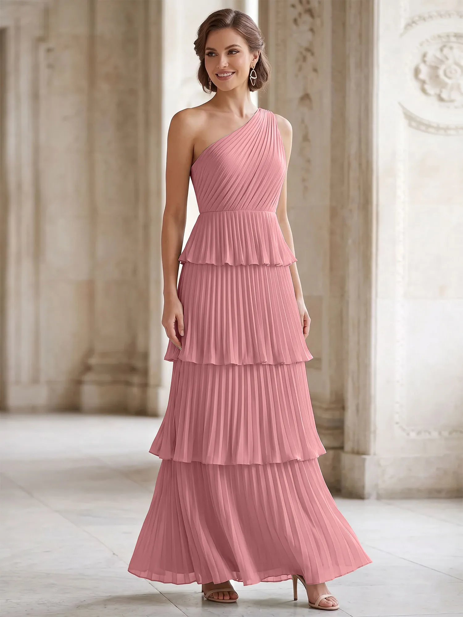 One-Shoulder Tiered Pleated Chiffon Evening Gown