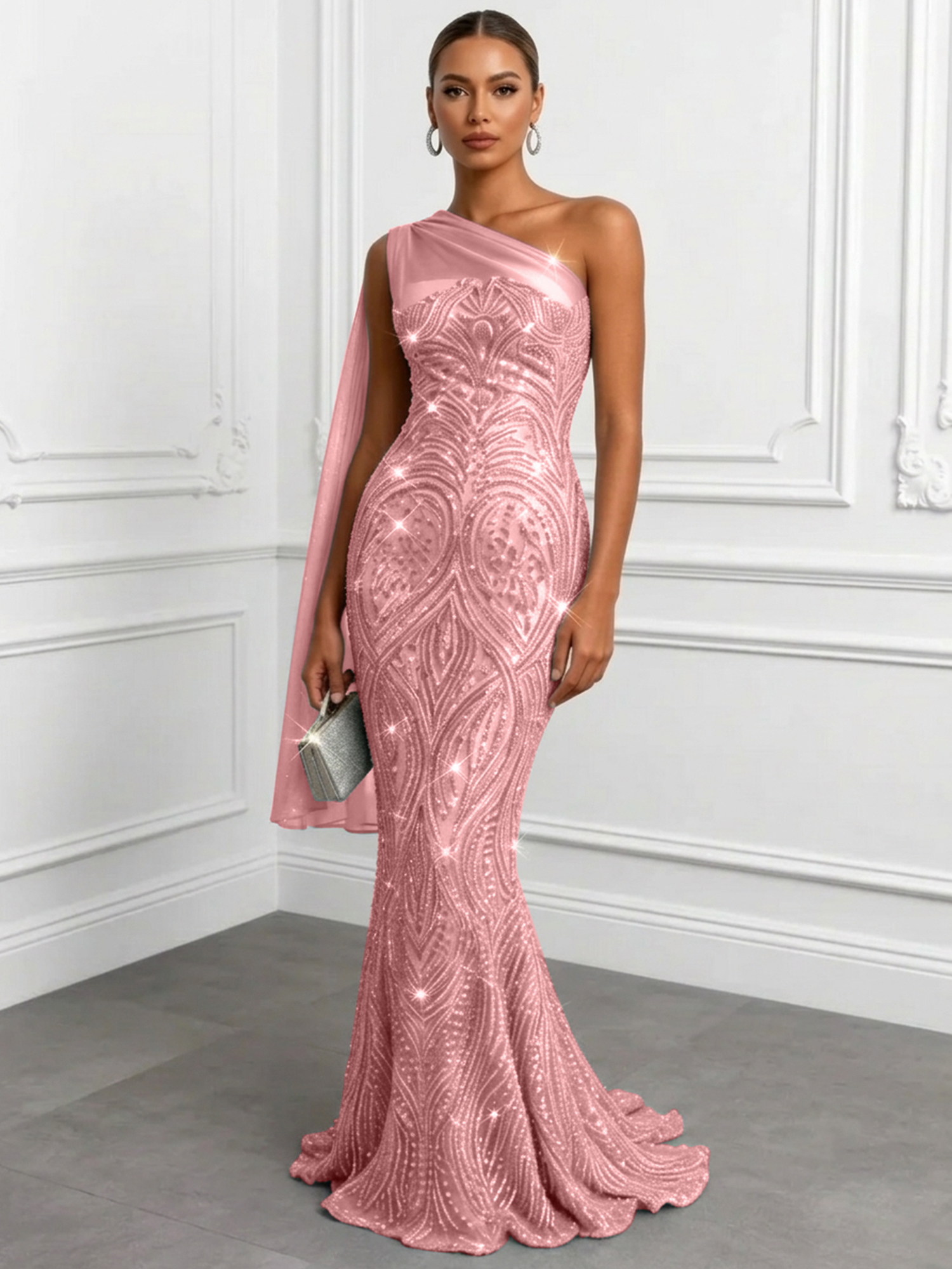 Shimmering Sage One-Shoulder Sequin Mermaid Evening Dress