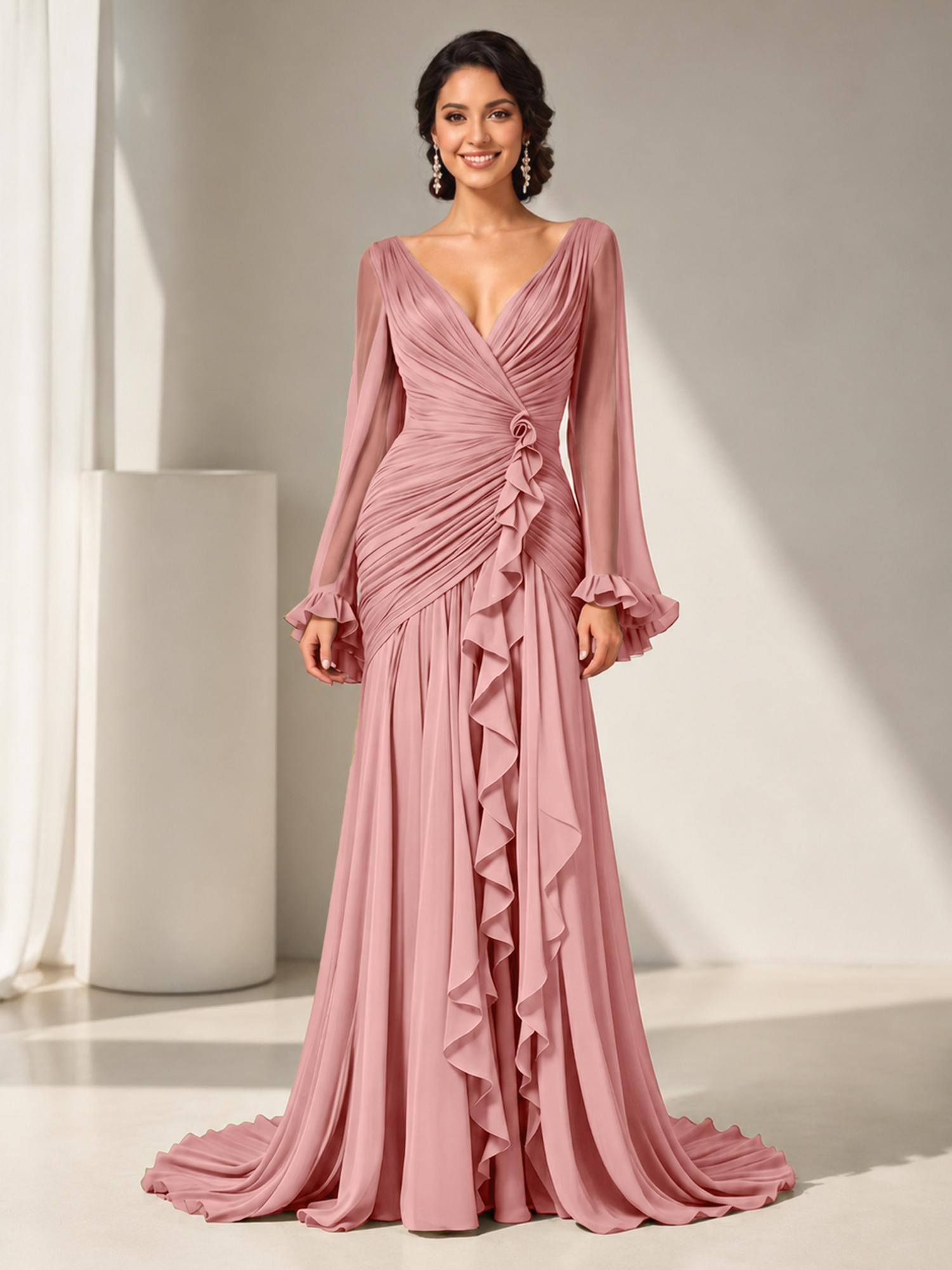 Grecian Olive Green Ruched Long-Sleeve Cascading Ruffle Formal Evening Dress