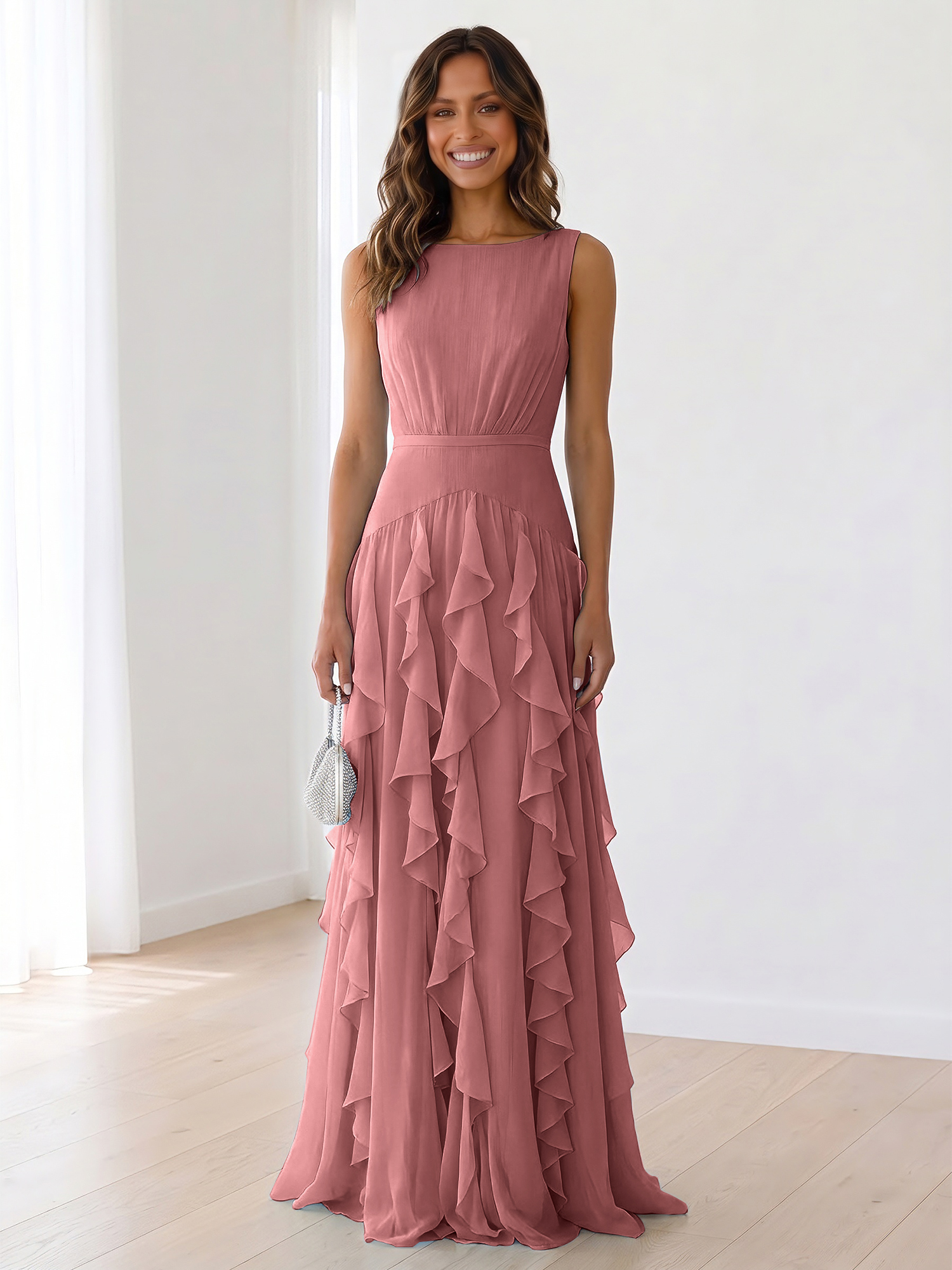 Ethereal Powder Blue Cascading Ruffle Maxi Formal Evening Dress