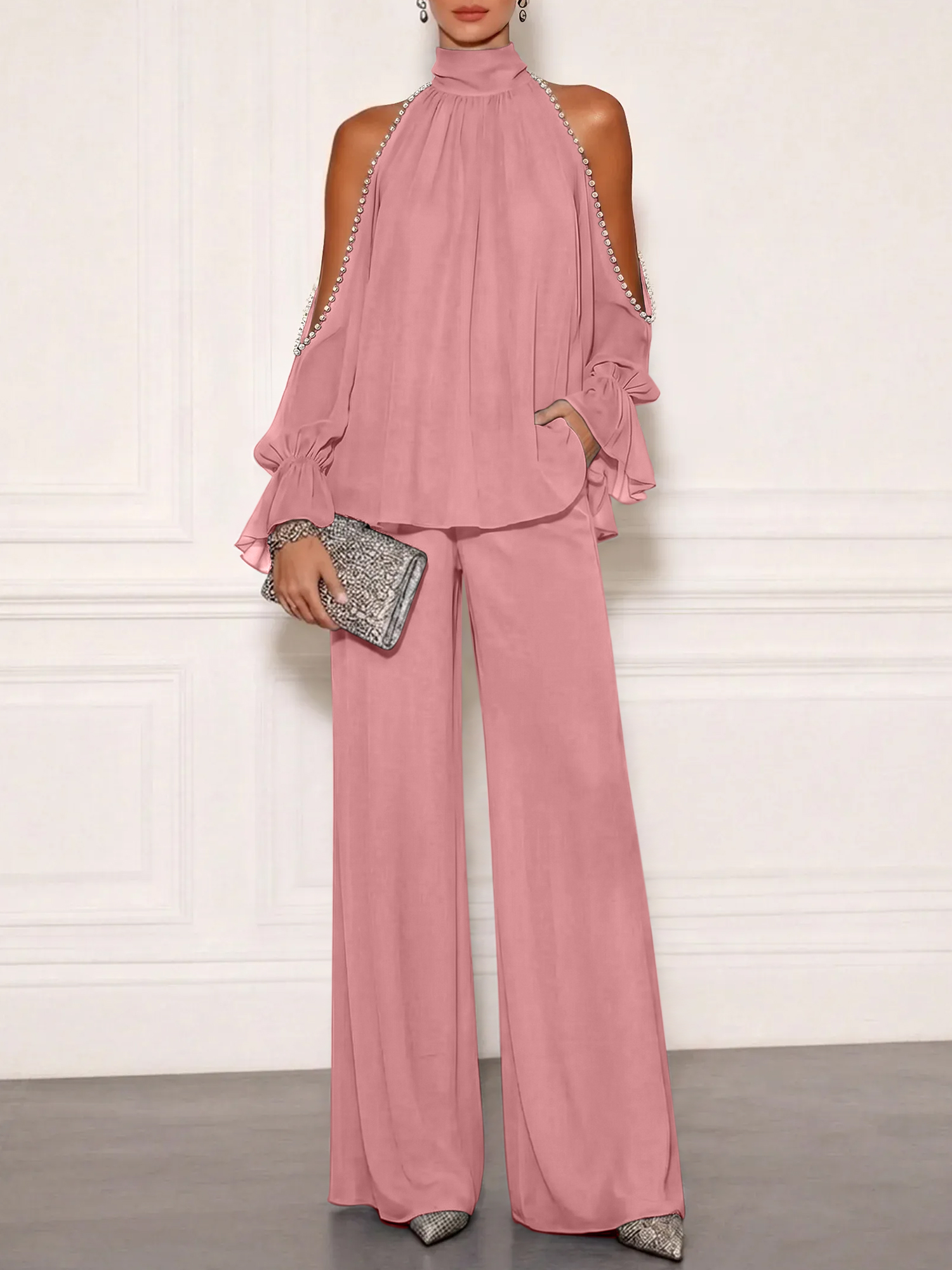 Sophisticated Embellished Cold Shoulder Formal Evening Jumpsuit