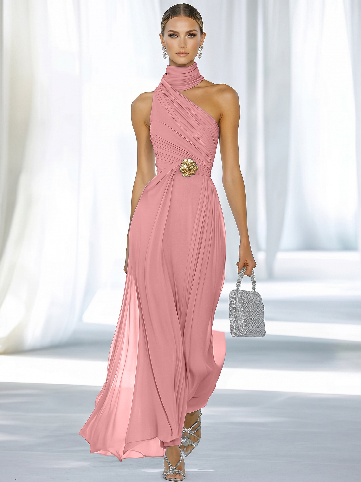 Sky Blue Pleated Chiffon Halter Strapless Formal Evening Dress