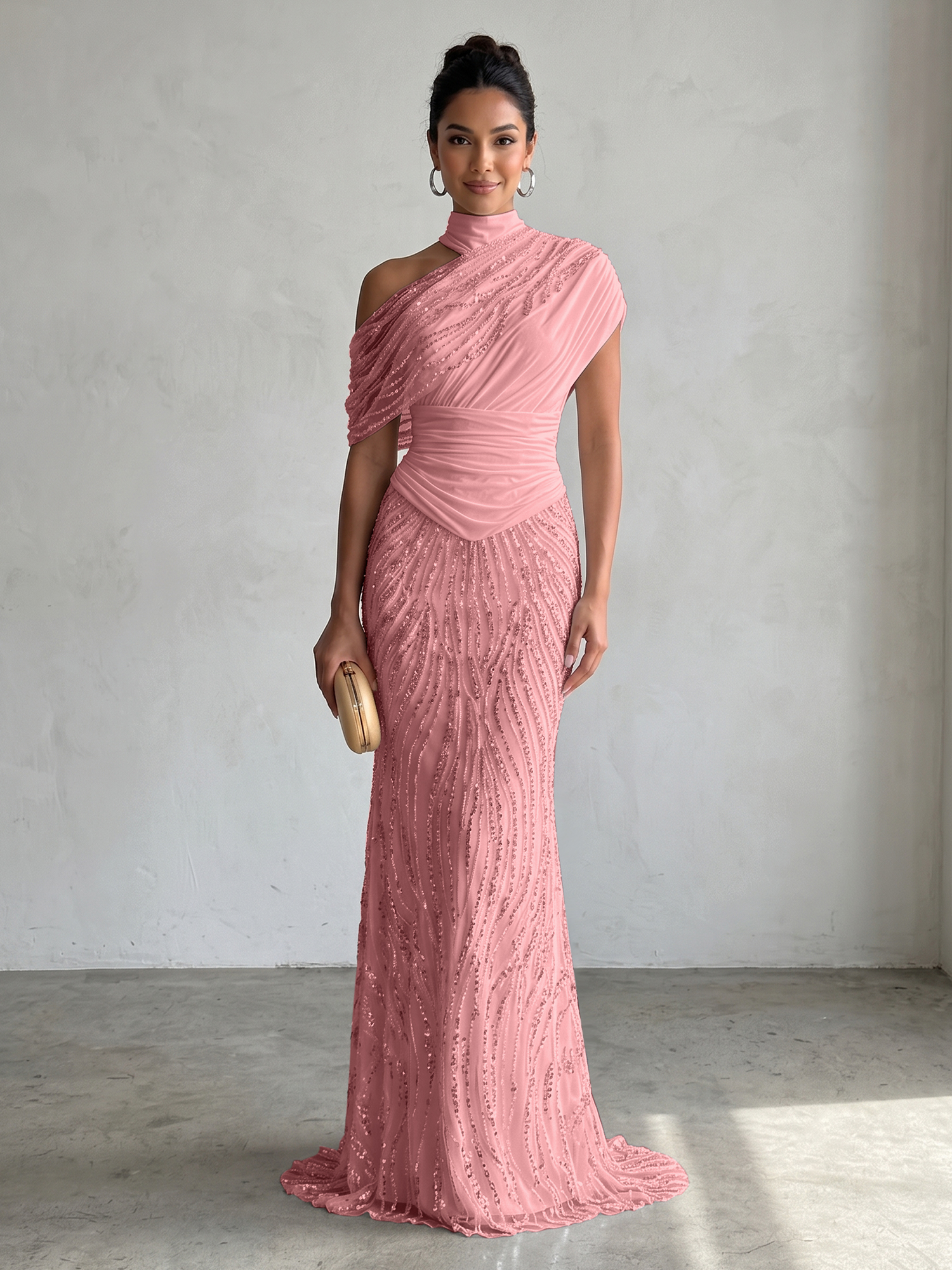 Ethereal White Beaded High-Neck Draped Sheath Formal Evening Dress