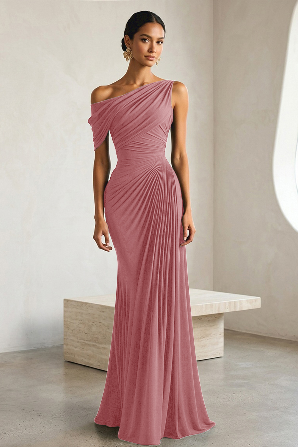 Timeless Black Architectural One-Shoulder Sheath Evening Gown