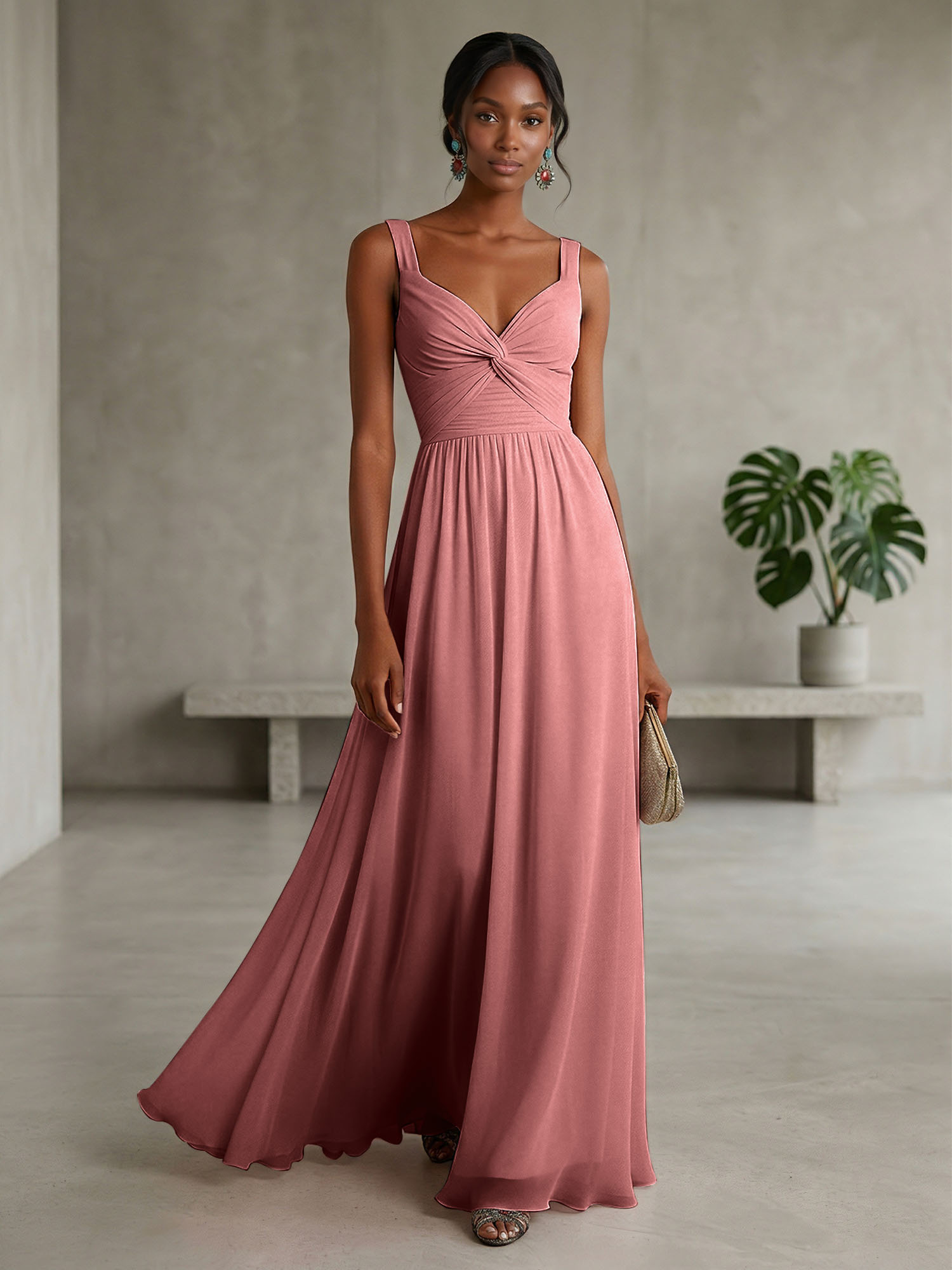 Elegant Soft Blush Twist-Front Chiffon Maxi Gown